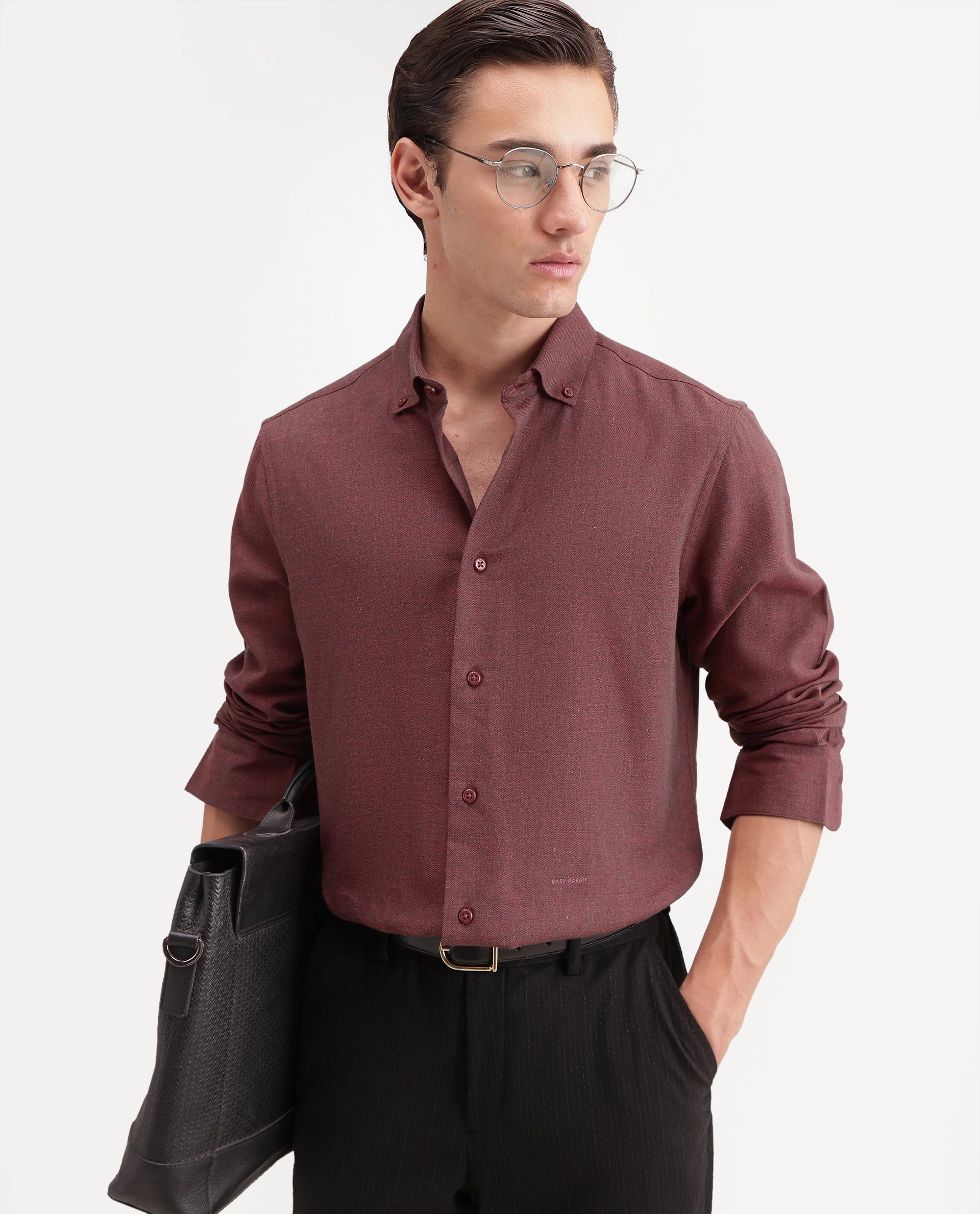 Rare Rabbit Men's Radio Dusky Red Cotton Spread Collar Button Regular Plain Shirt
