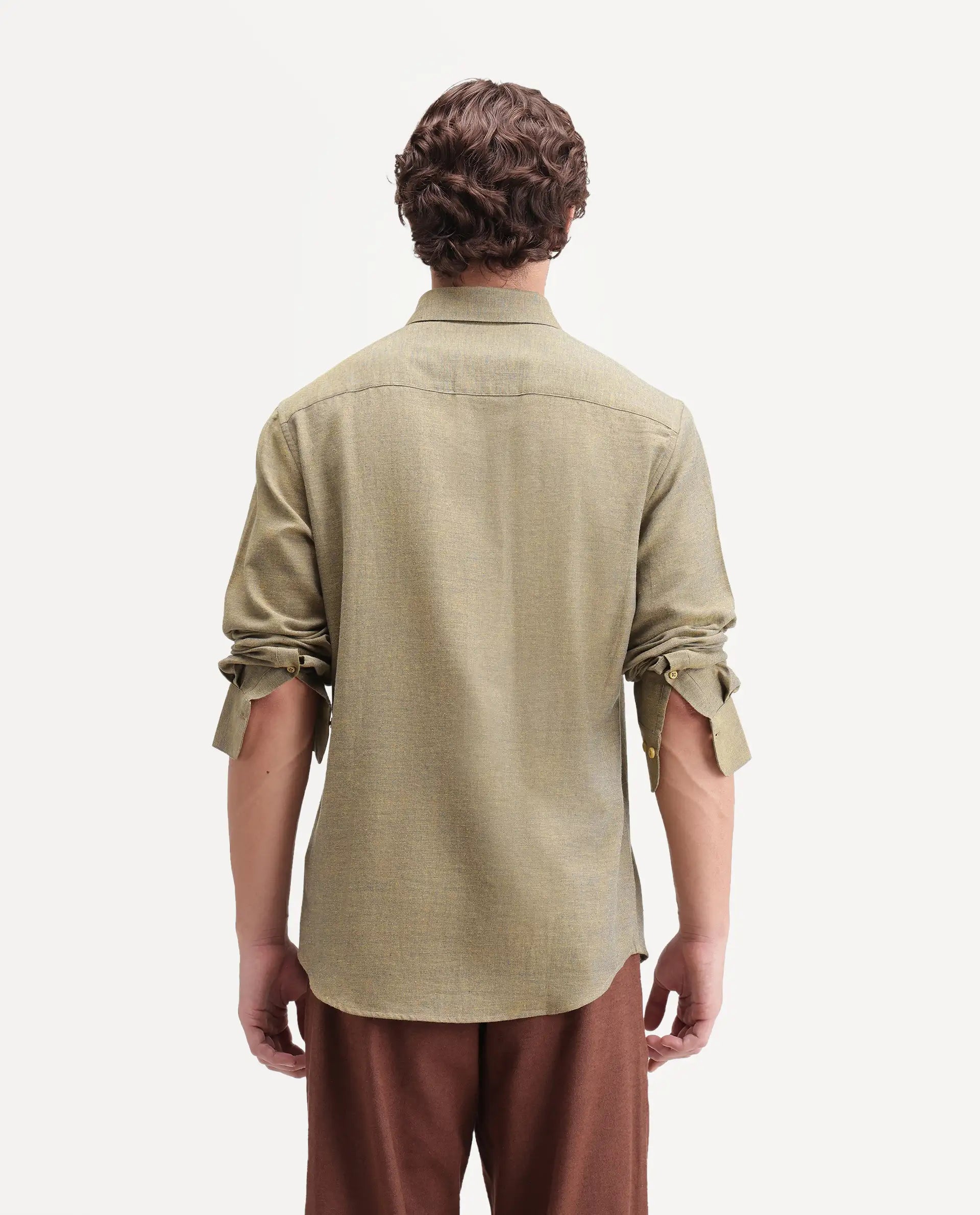 Rare Rabbit Men's Radio Dusky Mustard Cotton Spread Collar Button Regular Plain Shirt