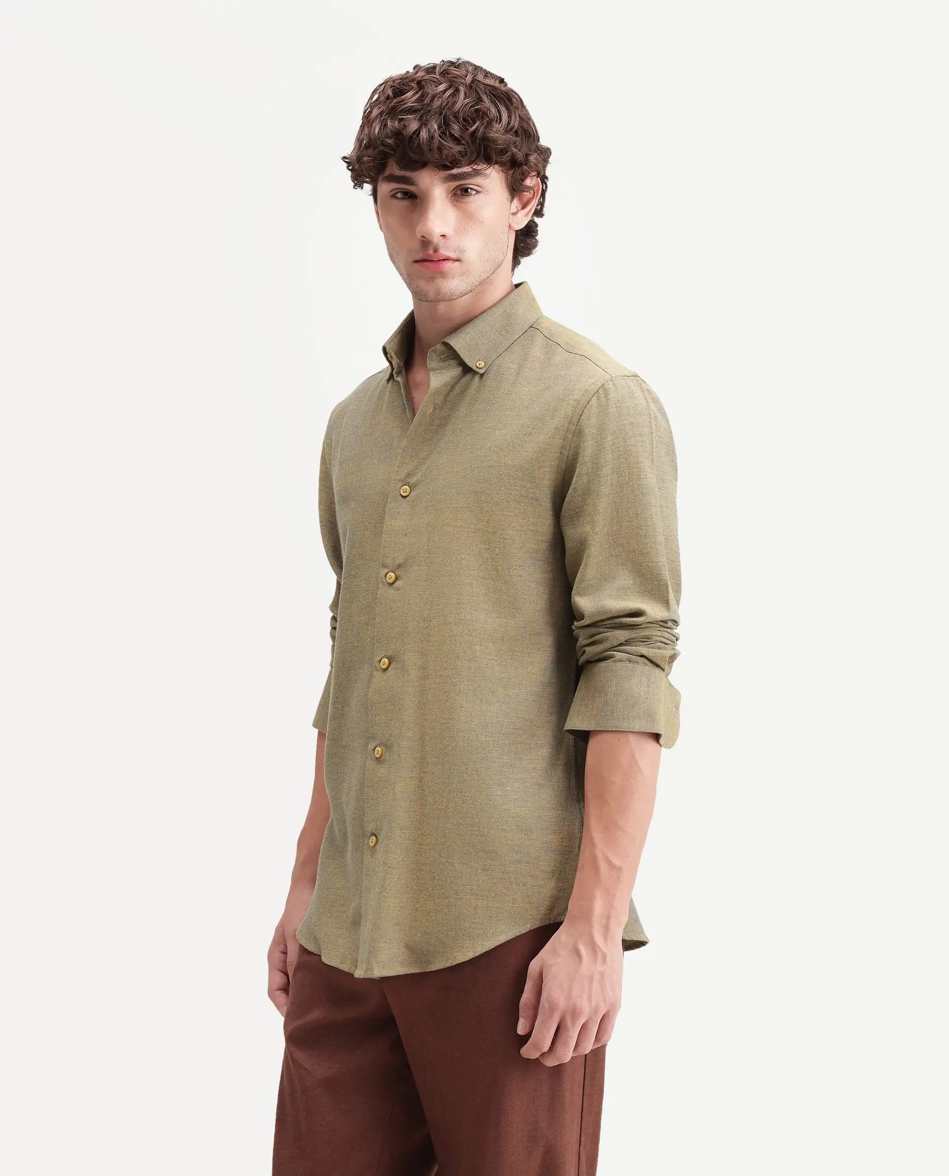 Rare Rabbit Men's Radio Dusky Mustard Cotton Spread Collar Button Regular Plain Shirt