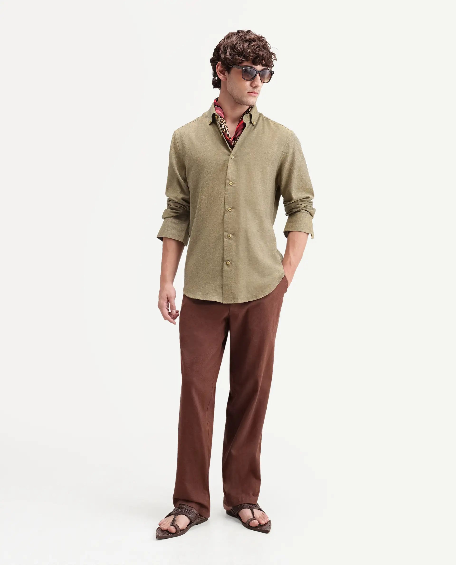 Rare Rabbit Men's Radio Dusky Mustard Cotton Spread Collar Button Regular Plain Shirt