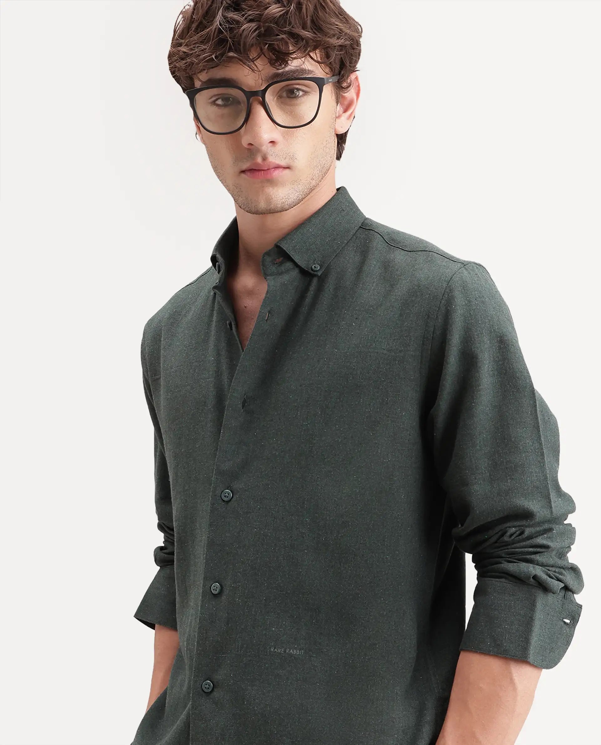 Rare Rabbit Men's Radio Dusky Green Cotton Spread Collar Button Regular Plain Shirt
