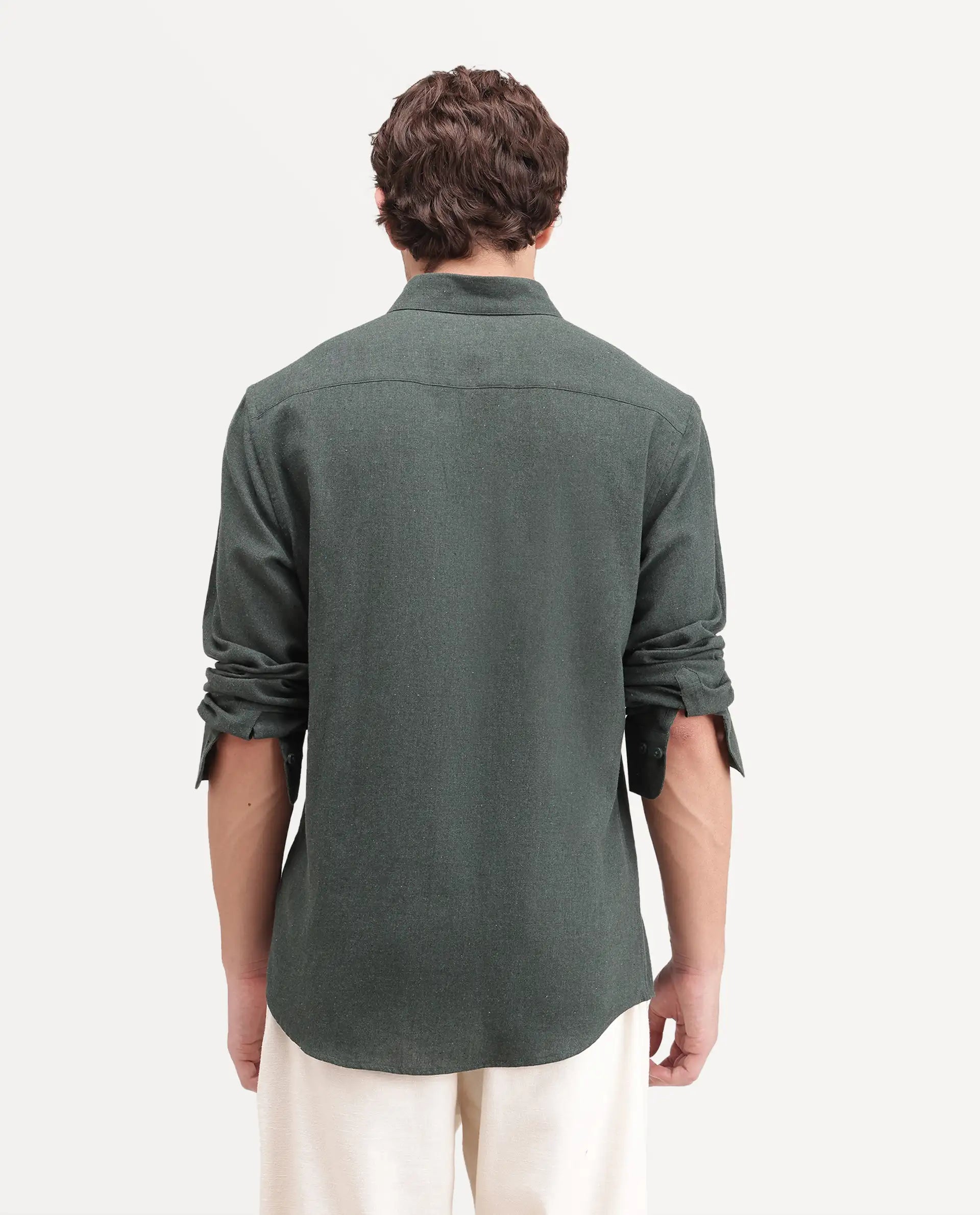 Rare Rabbit Men's Radio Dusky Green Cotton Spread Collar Button Regular Plain Shirt