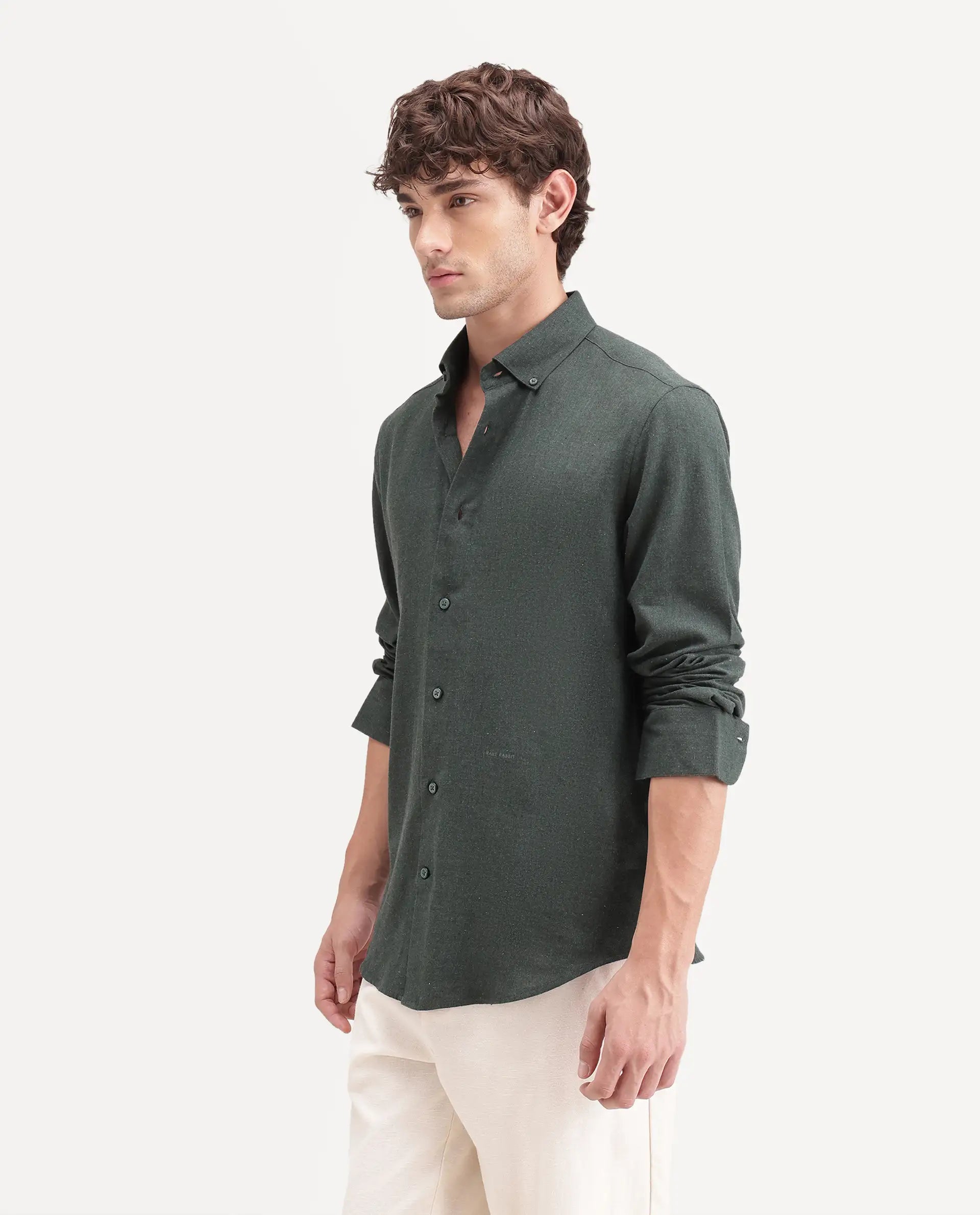 Rare Rabbit Men's Radio Dusky Green Cotton Spread Collar Button Regular Plain Shirt