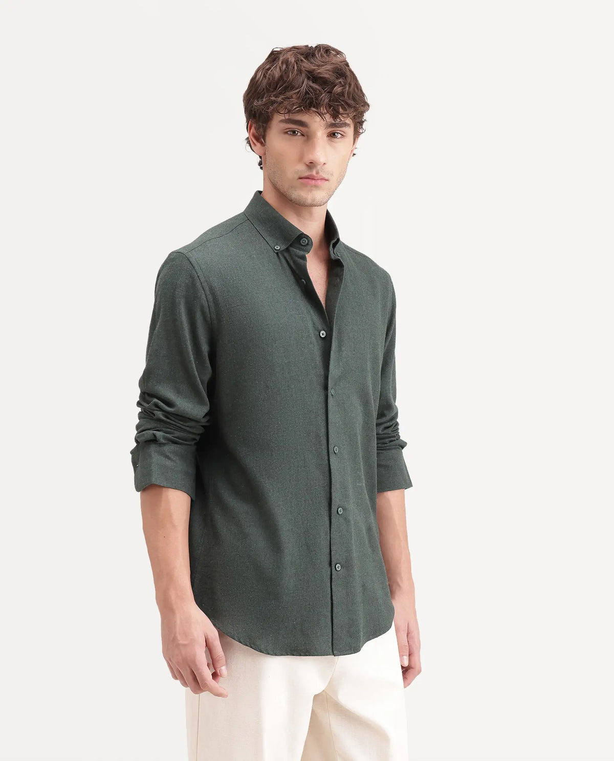 Rare Rabbit Men's Radio Dusky Green Cotton Spread Collar Button Regular Plain Shirt