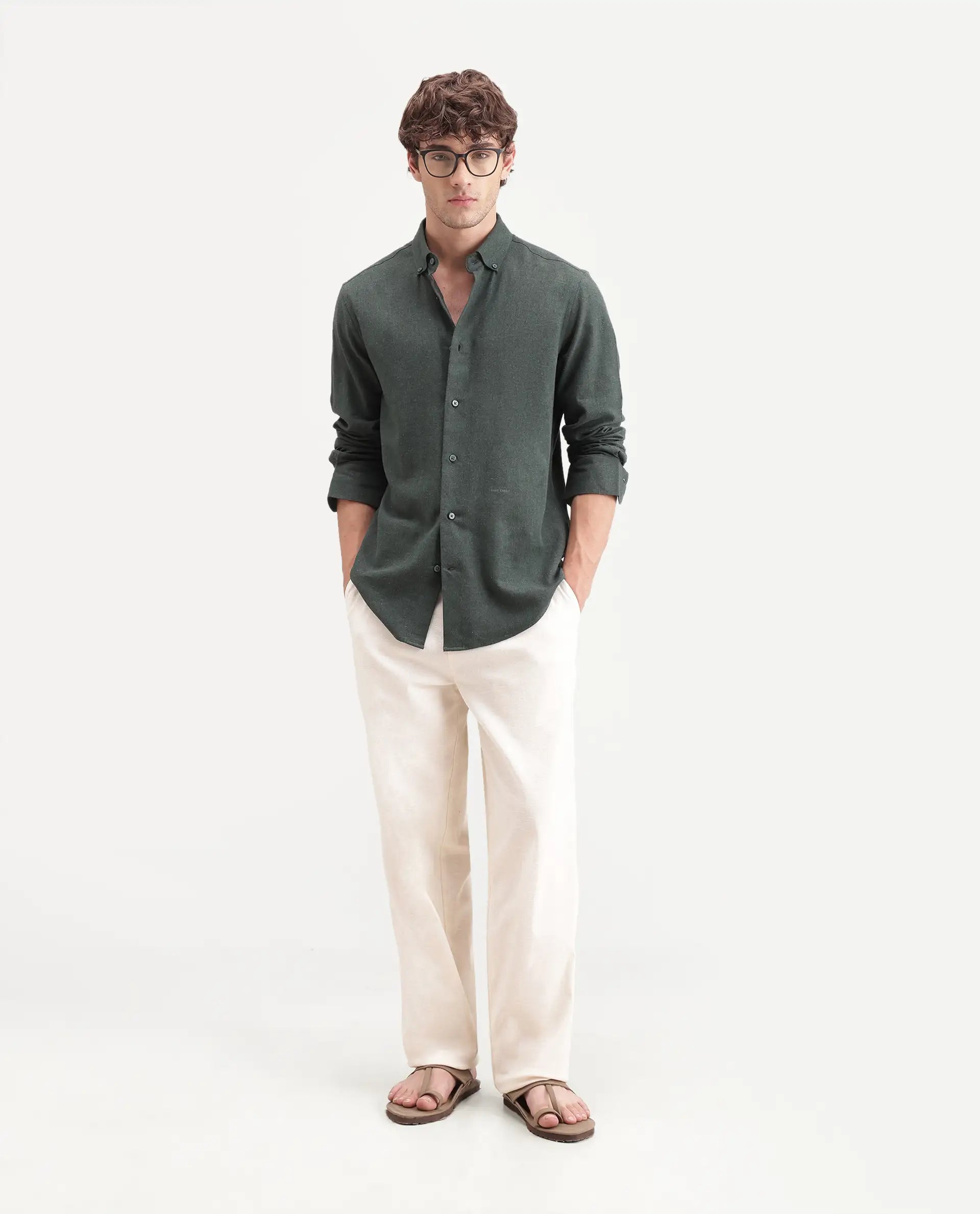 Rare Rabbit Men's Radio Dusky Green Cotton Spread Collar Button Regular Plain Shirt