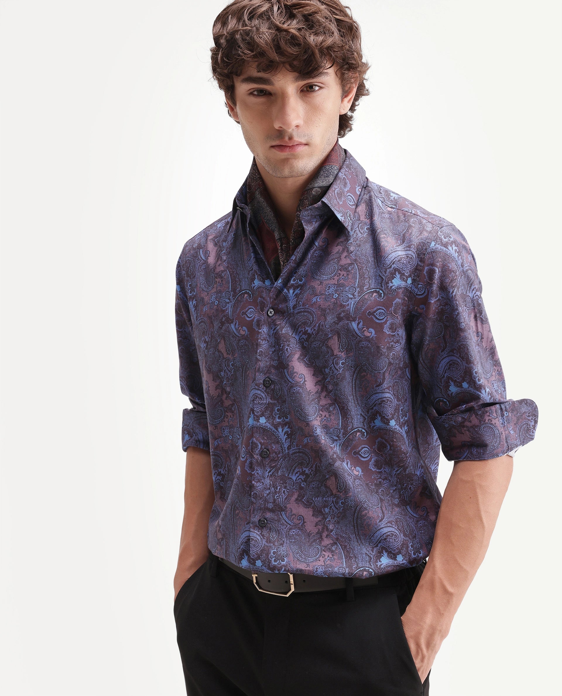 Rare Rabbit Men's Tie Dusky Maroon Cotton Blend Spread Collar Button Regular Paisley Print Shirt