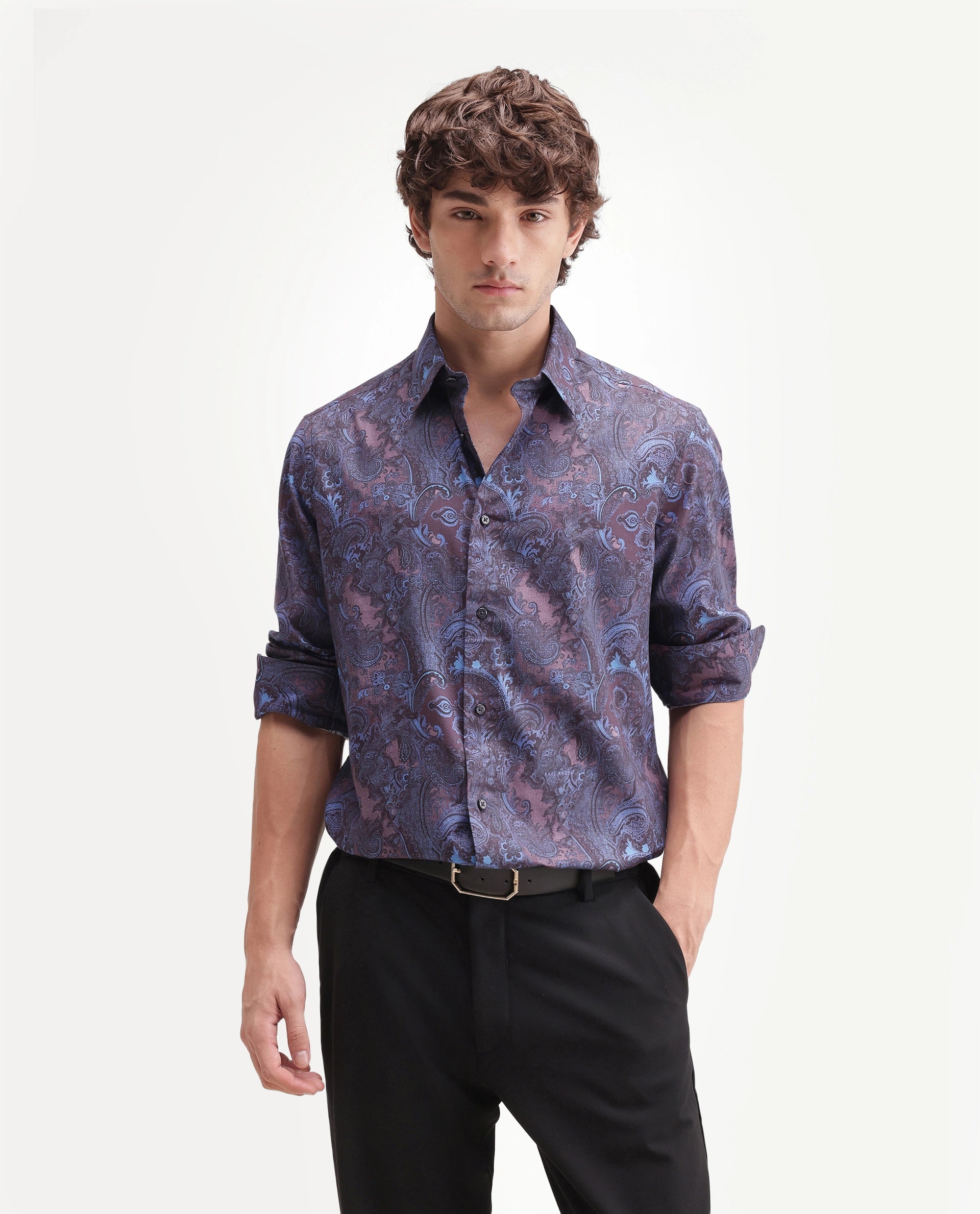 Rare Rabbit Men's Tie Dusky Maroon Cotton Blend Spread Collar Button Regular Paisley Print Shirt