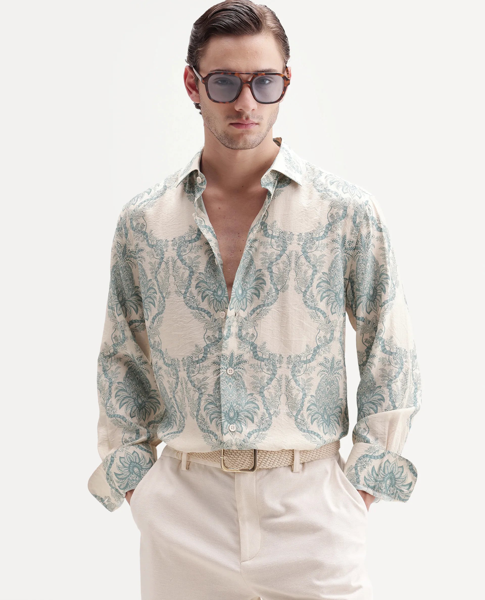 Rare Rabbit Men's Lorat-26 Primary White Viscose Blend Spread Collar Button Regular Tropical Print Shirt