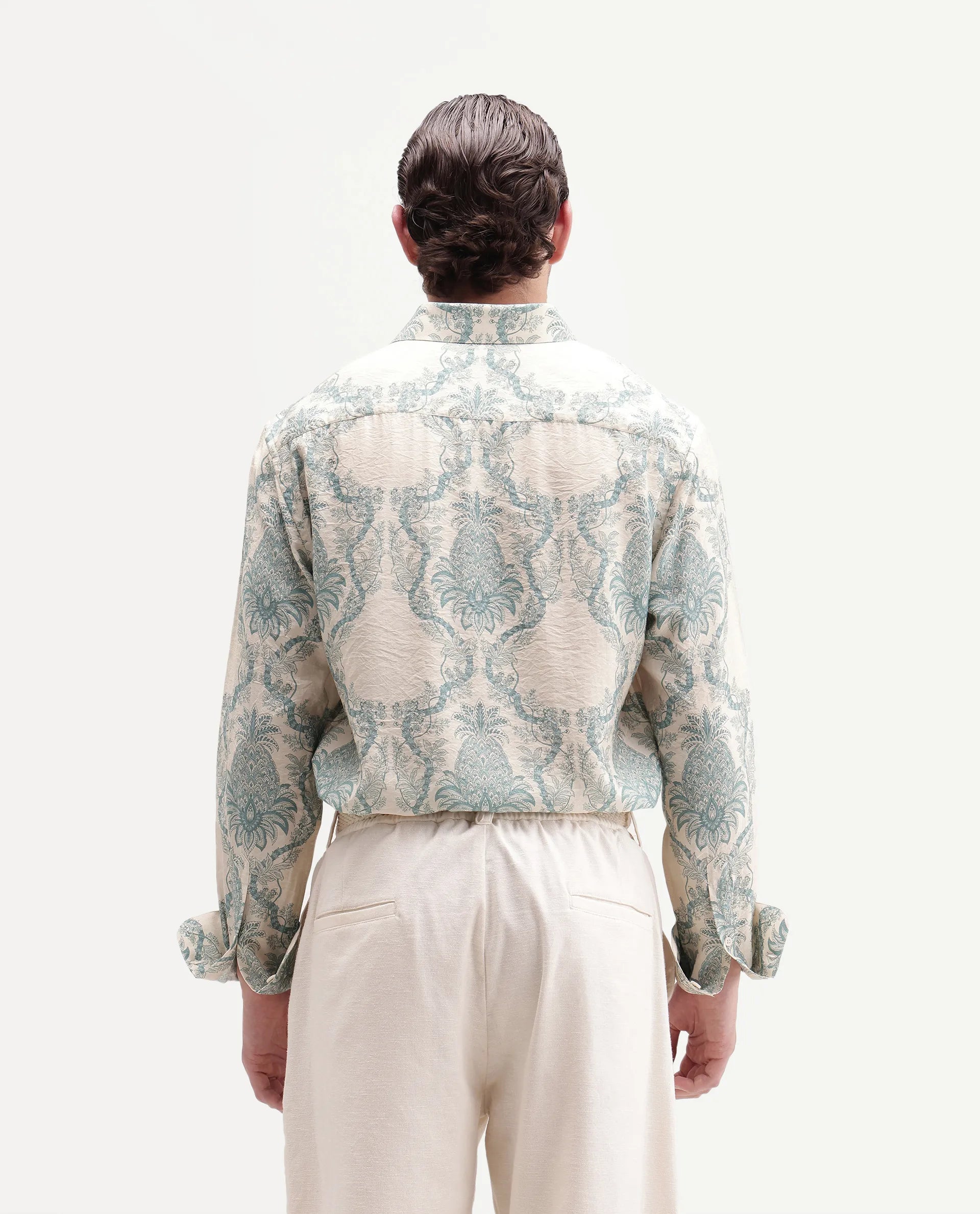 Rare Rabbit Men's Lorat-26 Primary White Viscose Blend Spread Collar Button Regular Tropical Print Shirt