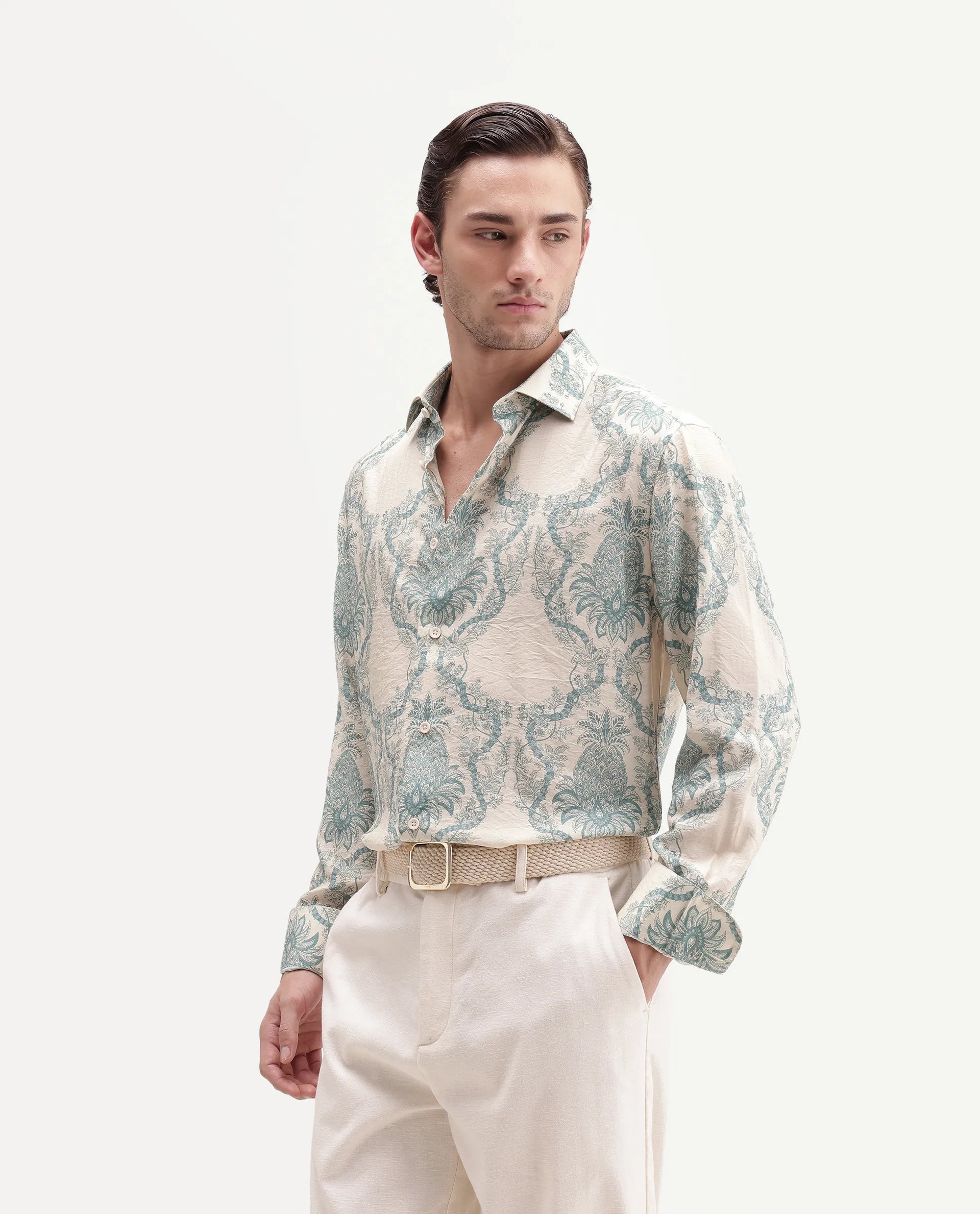 Rare Rabbit Men's Lorat-26 Primary White Viscose Blend Spread Collar Button Regular Tropical Print Shirt