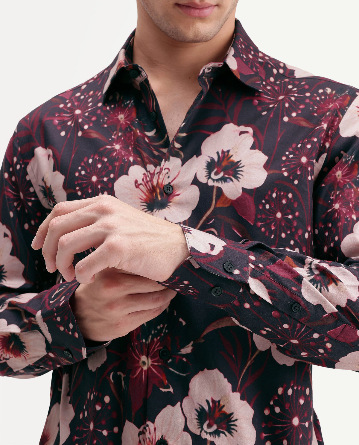 Rare Rabbit Men's Pomo Primary Black Cotton Blend Spread Collar Button Regular Floral Print Shirt