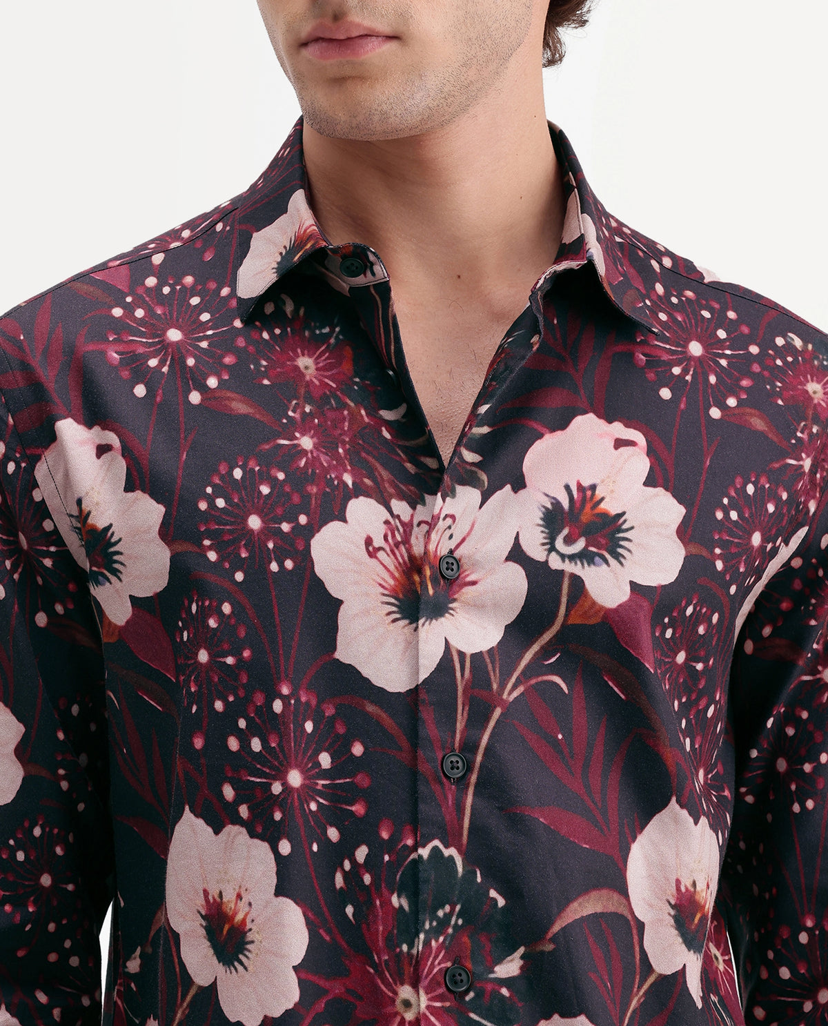 Rare Rabbit Men's Pomo Primary Black Cotton Blend Spread Collar Button Regular Floral Print Shirt