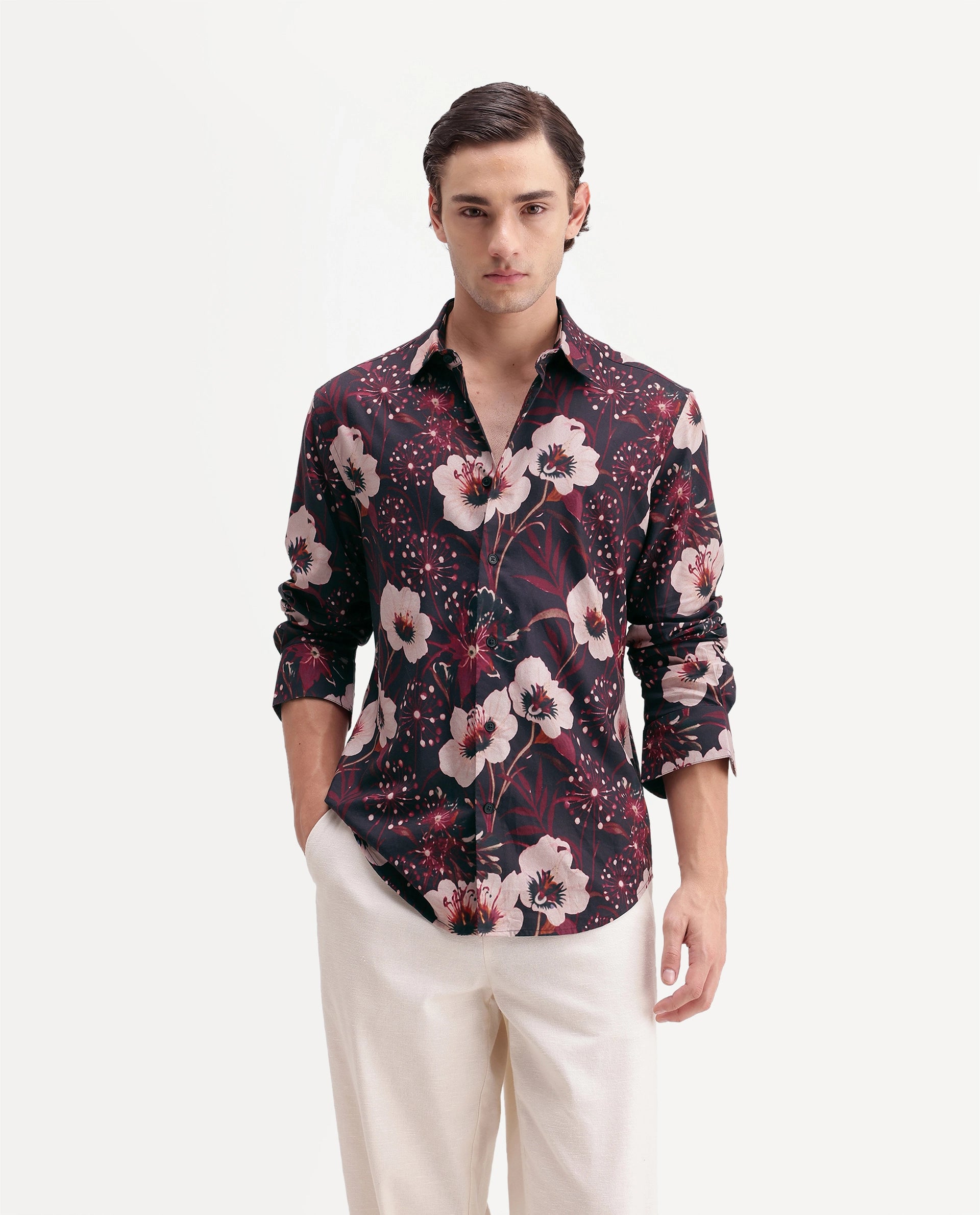 Rare Rabbit Men's Pomo Primary Black Cotton Blend Spread Collar Button Regular Floral Print Shirt
