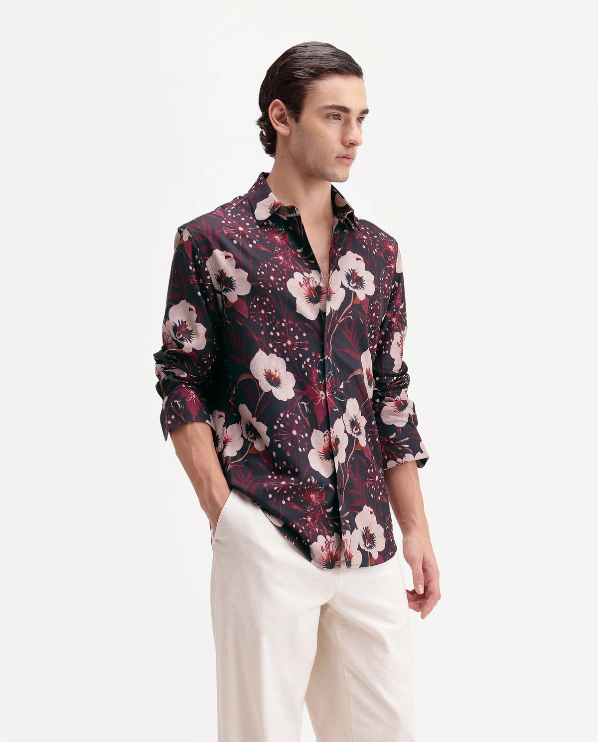 Rare Rabbit Men's Pomo Primary Black Cotton Blend Spread Collar Button Regular Floral Print Shirt