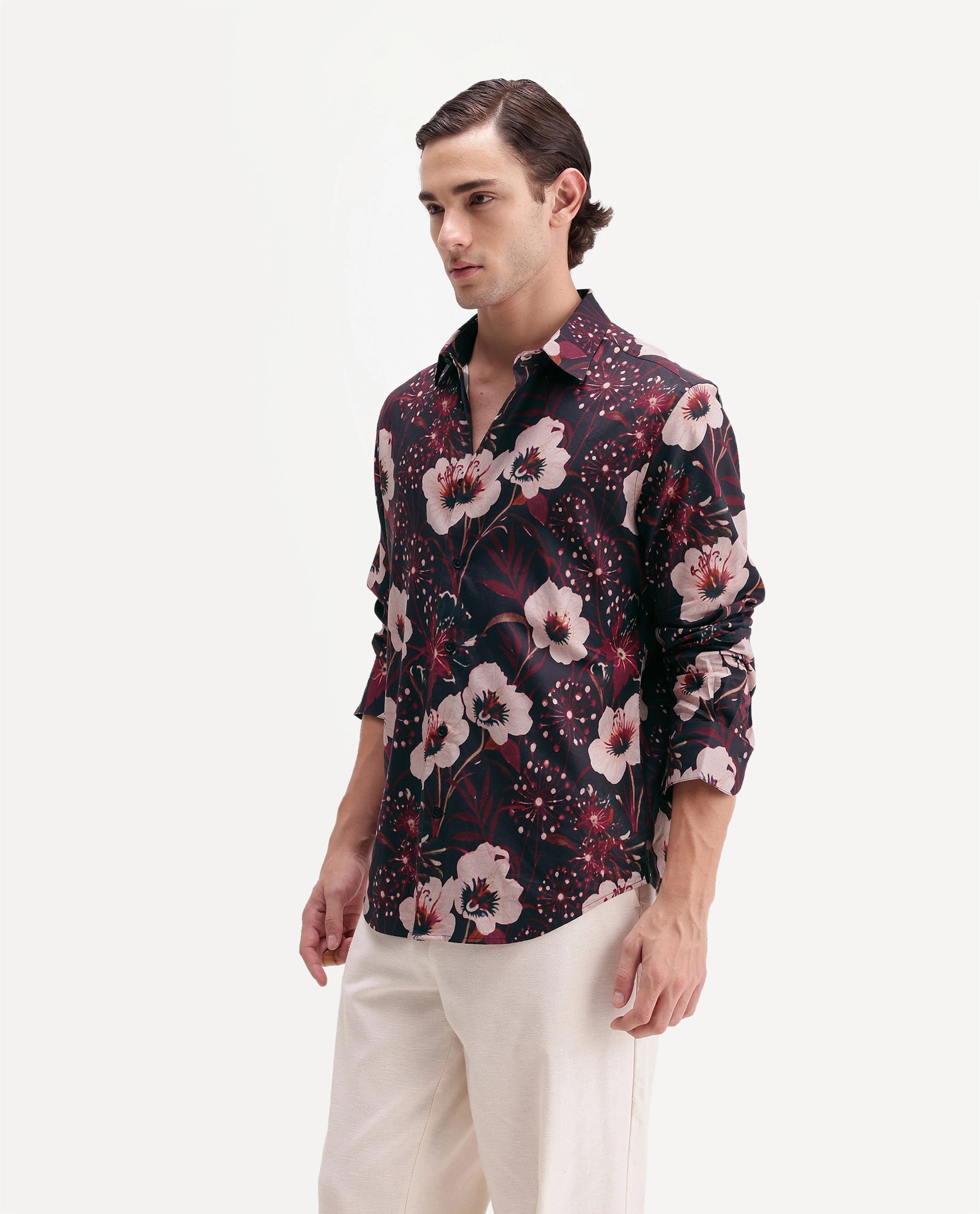 Rare Rabbit Men's Pomo Primary Black Cotton Blend Spread Collar Button Regular Floral Print Shirt