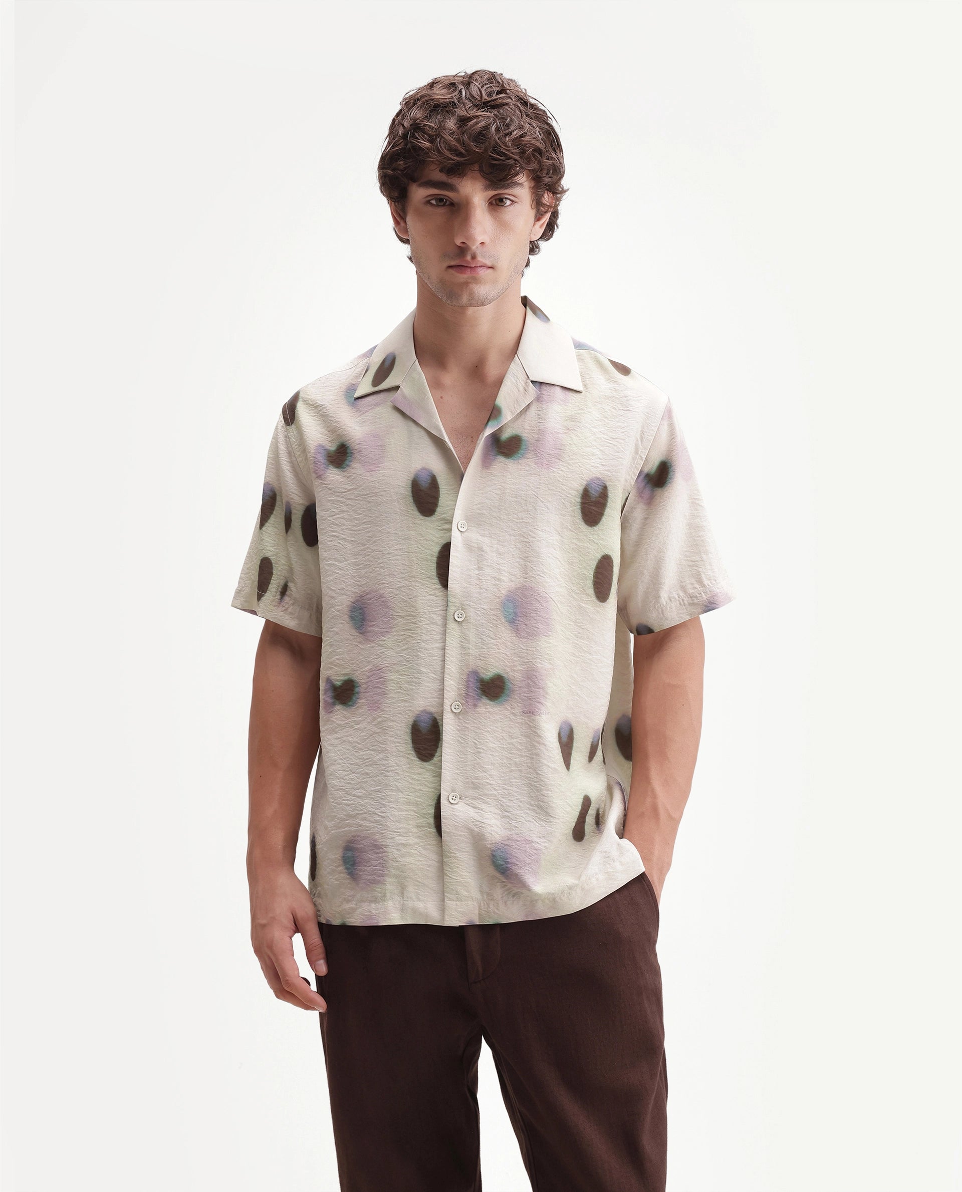Rare Rabbit Men's Kolp Primary White Viscose Blend Cuban Collar Button Relaxed Polka Print Shirt