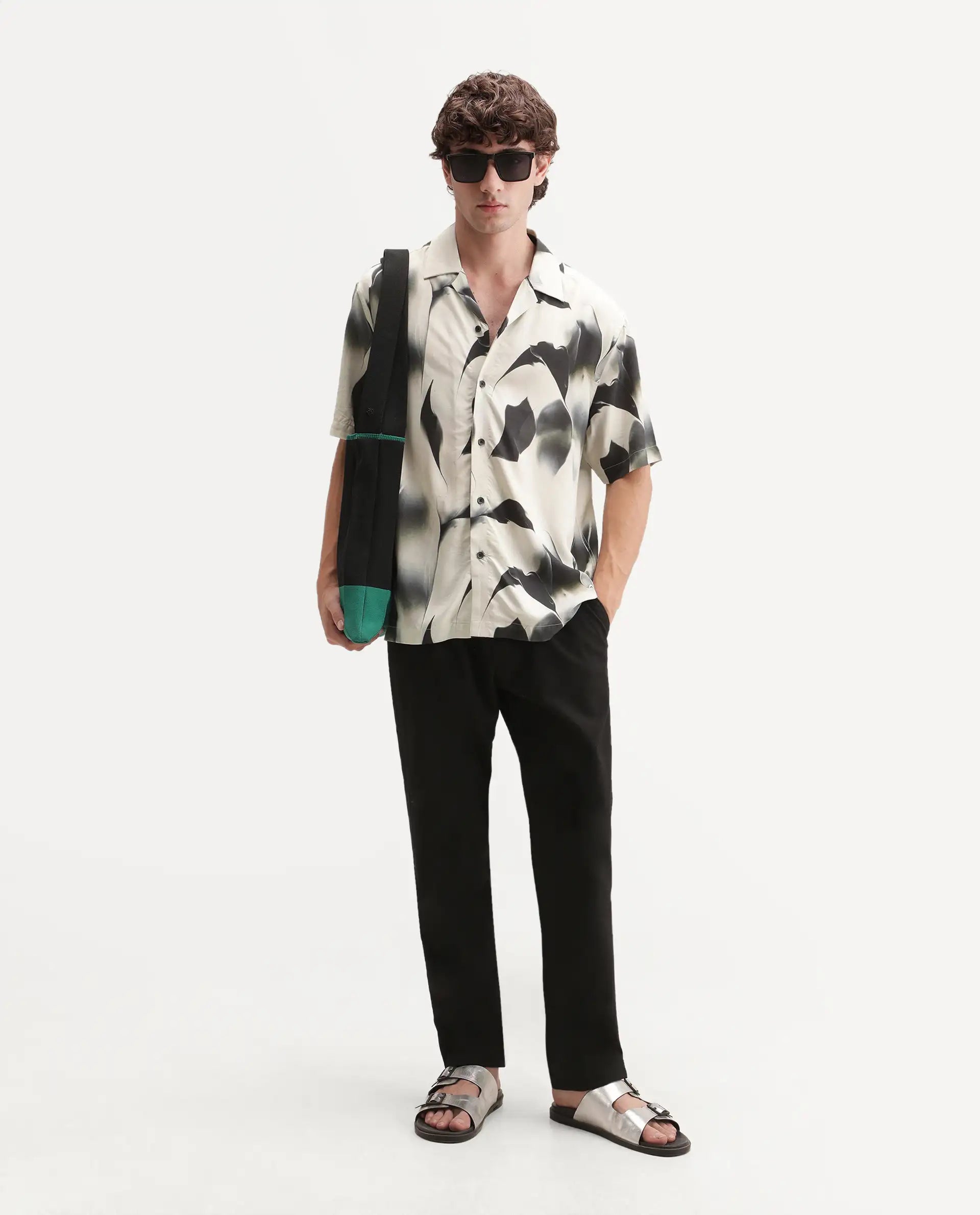 Rare Rabbit Men's Baxi Primary Off White Viscose Cuban Collar Button Relaxed Abstract Print Shirt