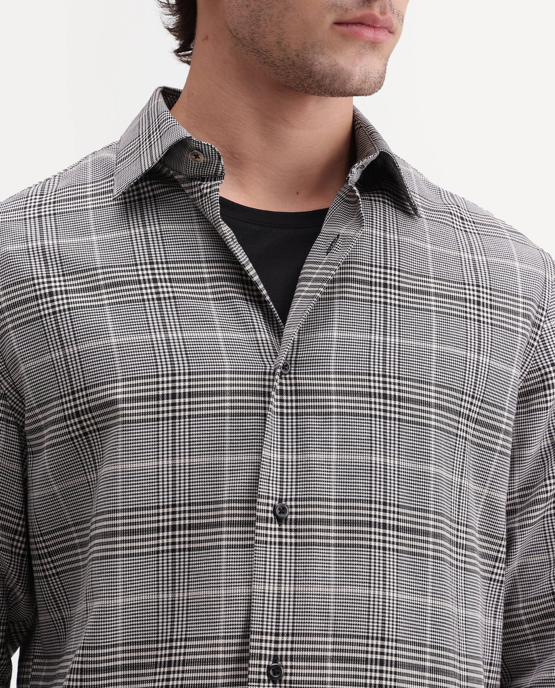Rare Rabbit Men's Act Grey Cotton Spread Collar Button Regular Checked Shirt