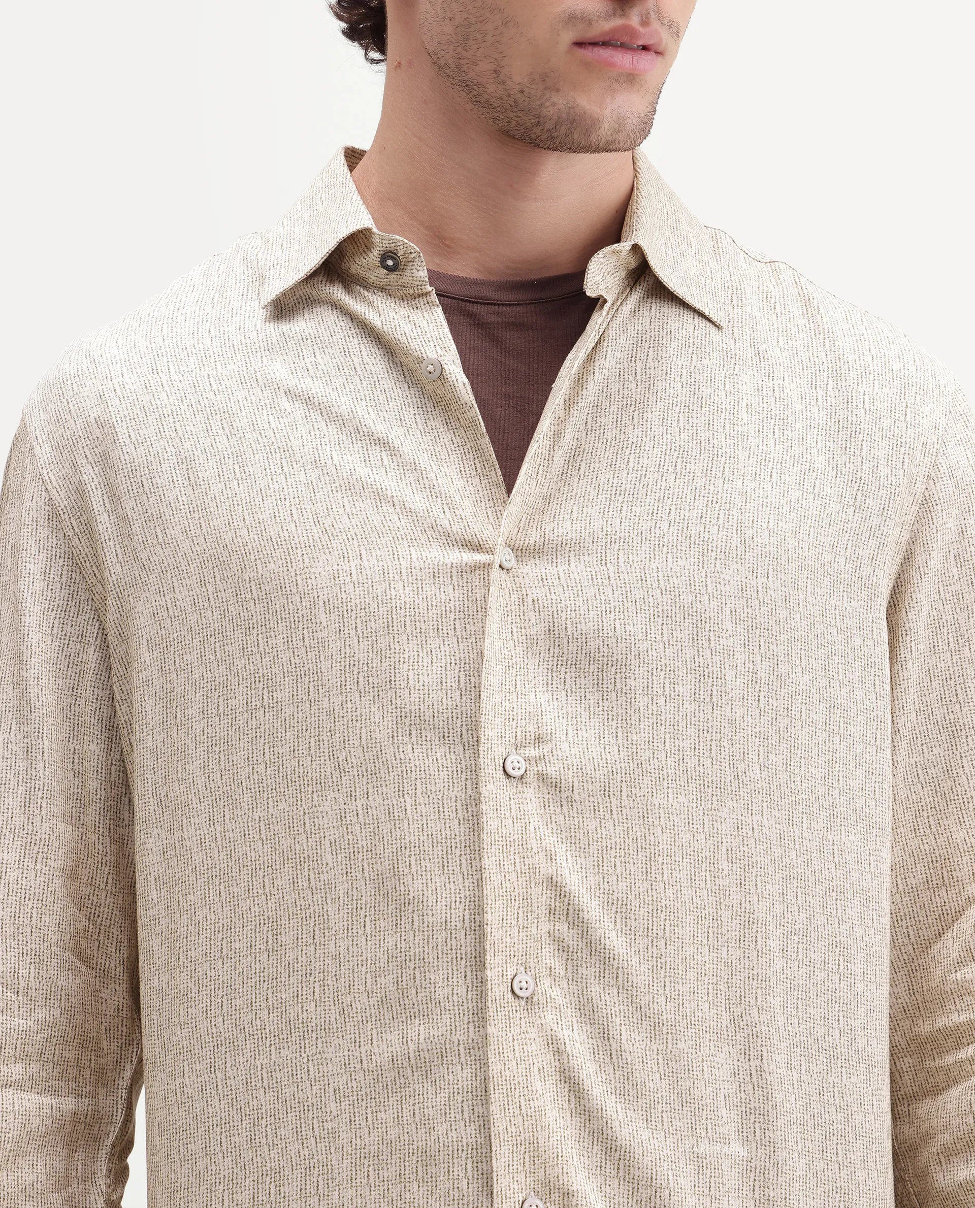 Rare Rabbit Men's Malo Dusky Beige Viscose Spread Collar Button Regular Geometric Print Shirt