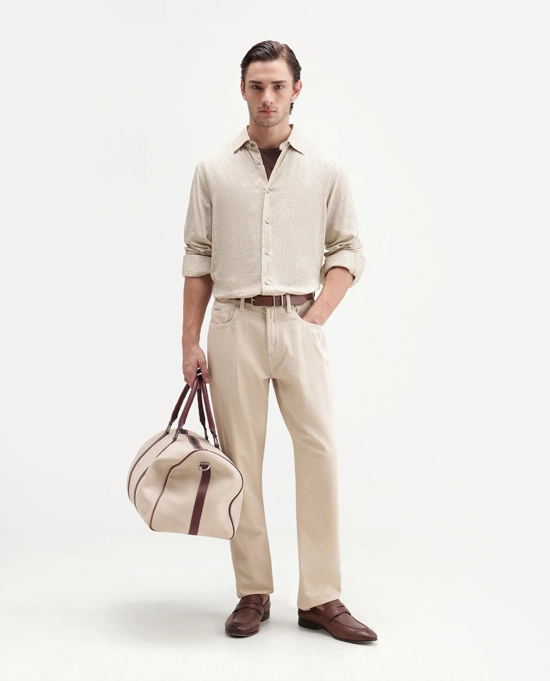 Rare Rabbit Men's Malo Dusky Beige Viscose Spread Collar Button Regular Geometric Print Shirt