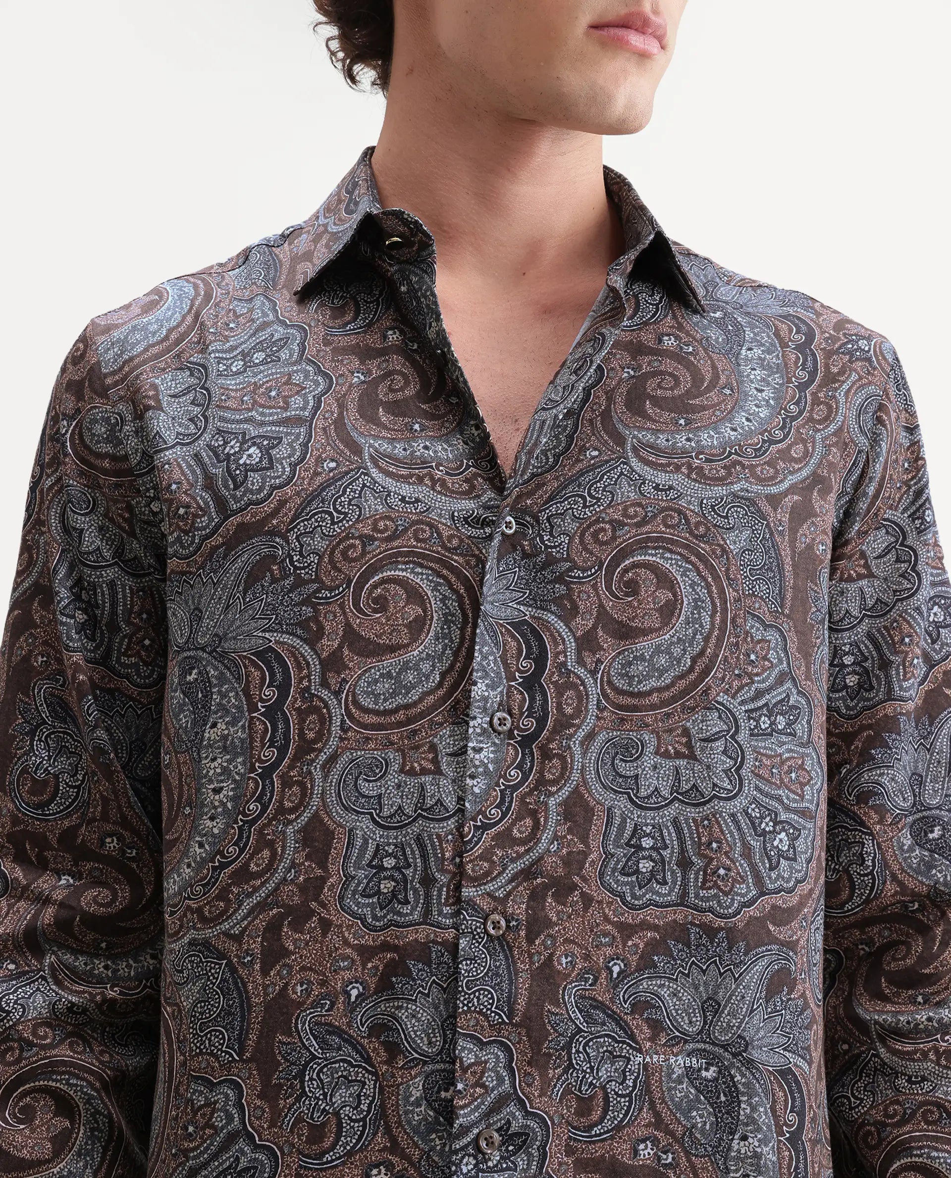 Rare Rabbit Men's Lome-2 Dark Brown Cotton Blend Spread Collar Regular Paisley Print Shirt