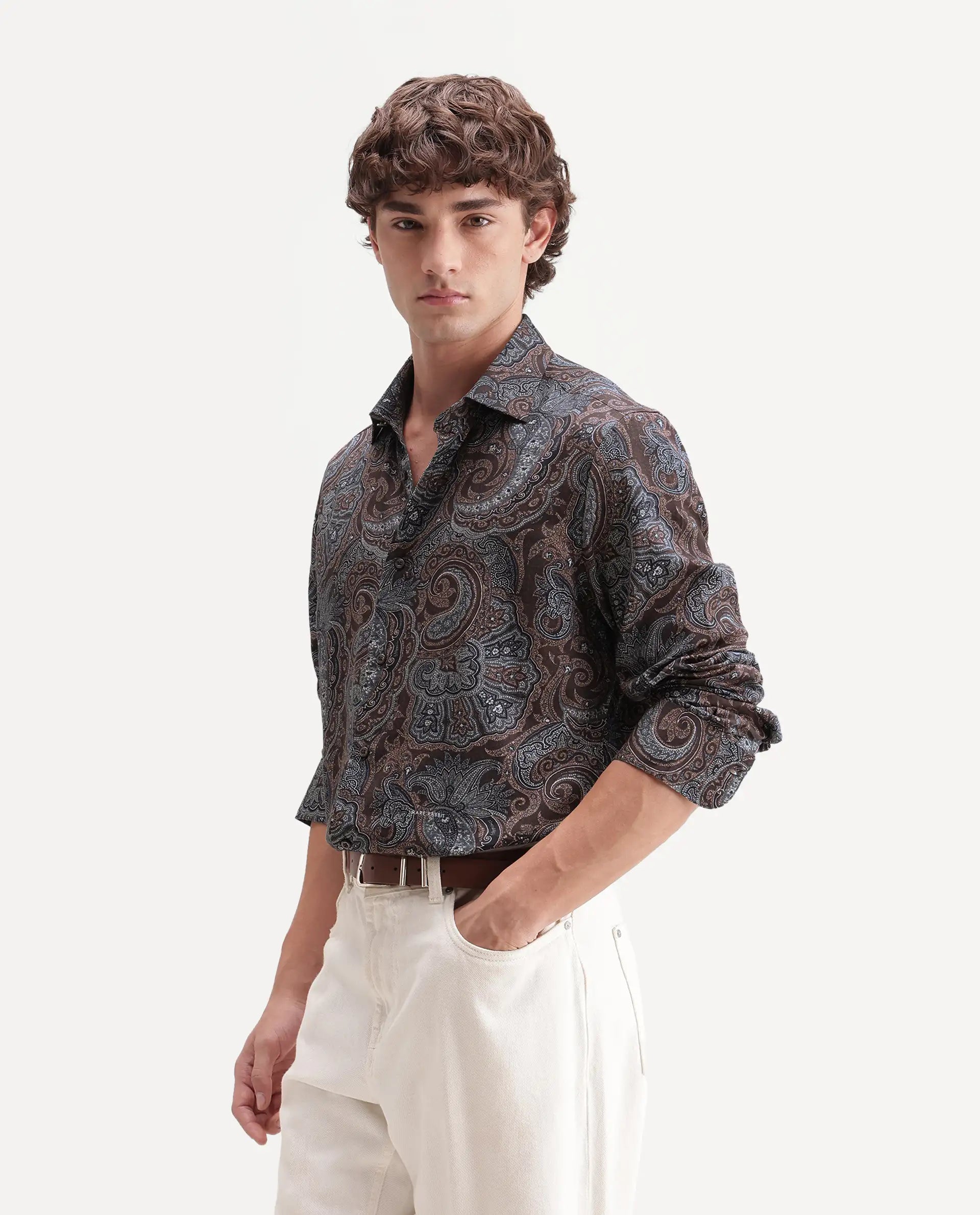 Rare Rabbit Men's Lome-2 Dark Brown Cotton Blend Spread Collar Regular Paisley Print Shirt