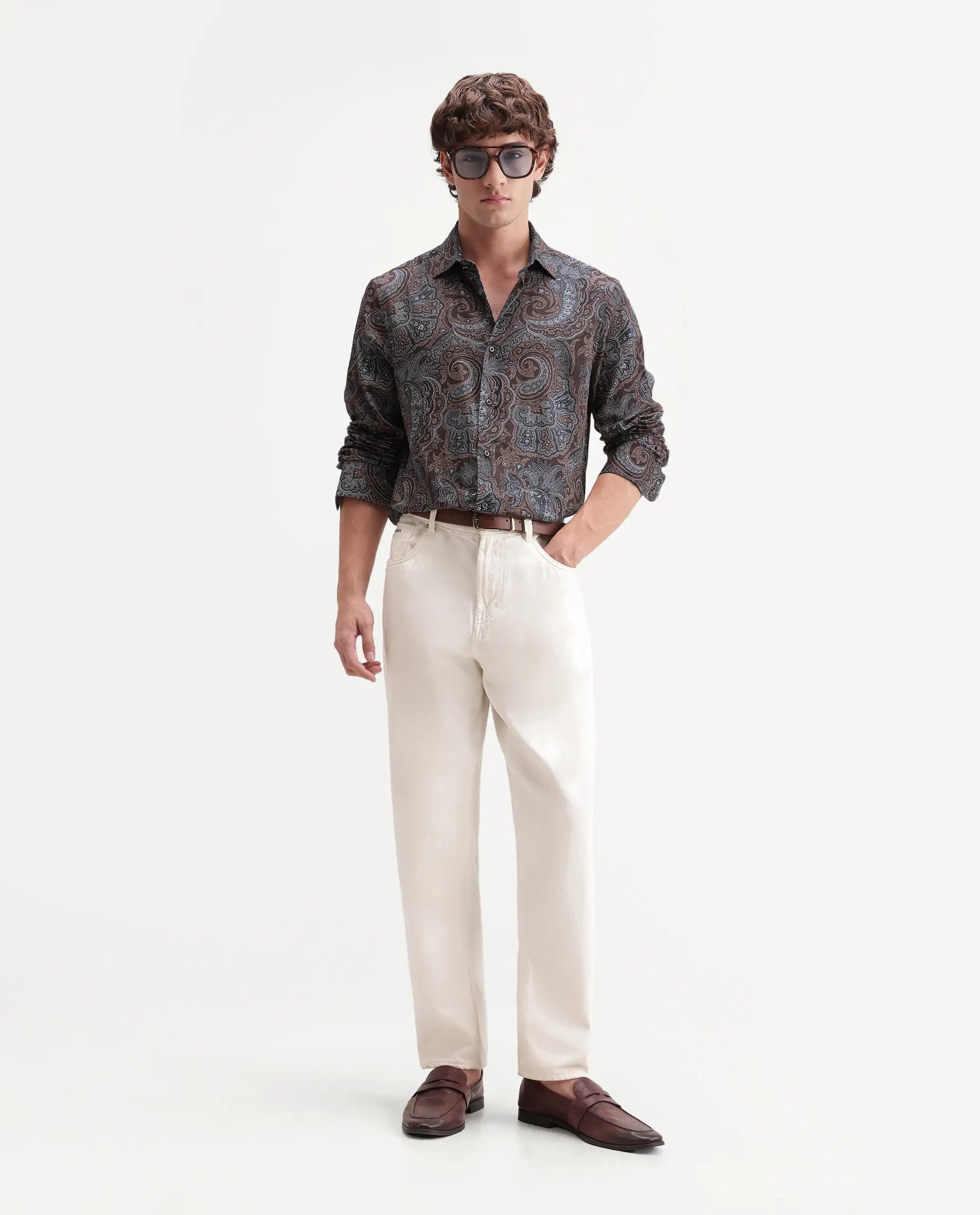 Rare Rabbit Men's Lome-2 Dark Brown Cotton Blend Spread Collar Regular Paisley Print Shirt