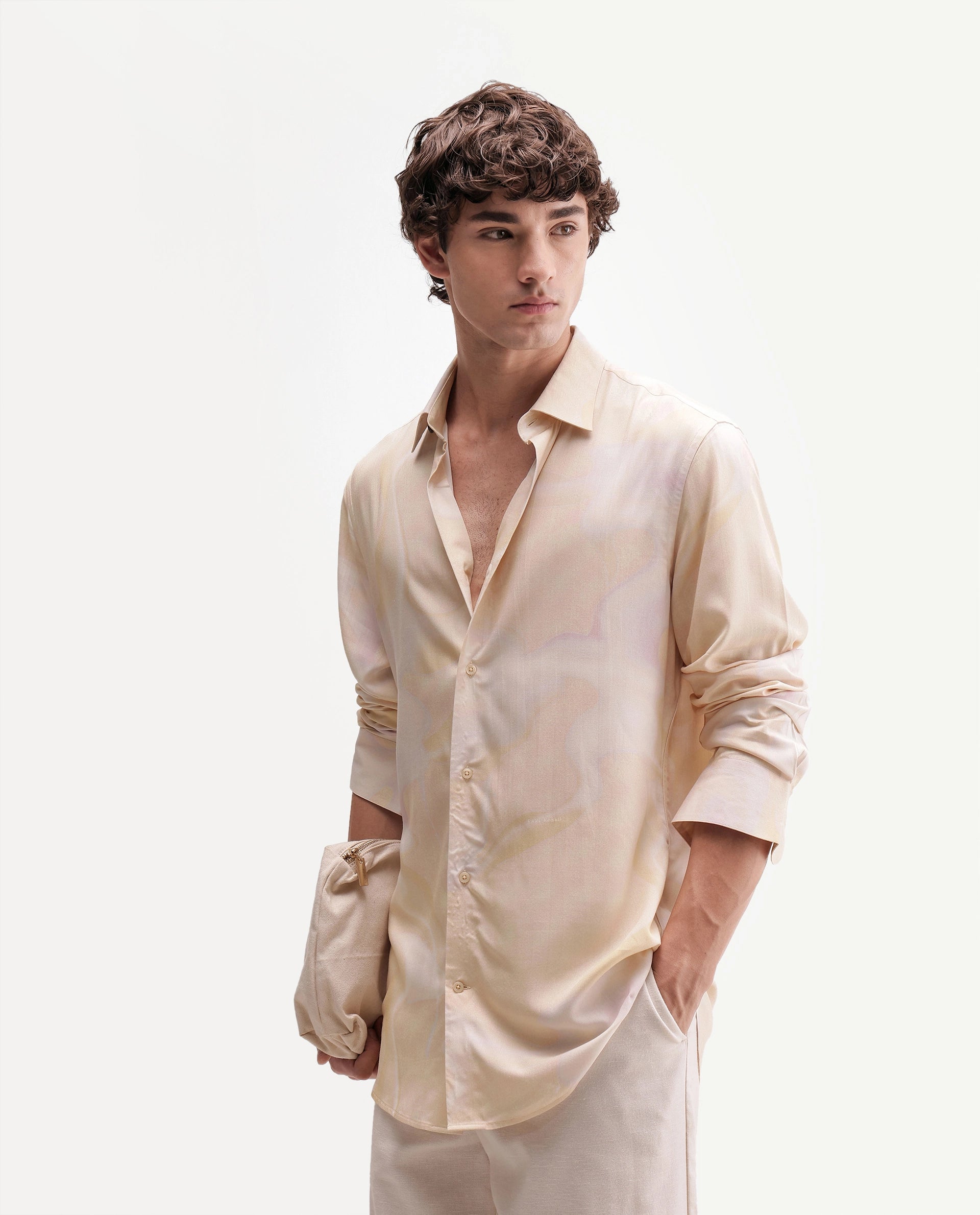 Rare Rabbit Men's Repo Light Yellow Viscose Spread Collar Button Regular Abstract Print Shirt