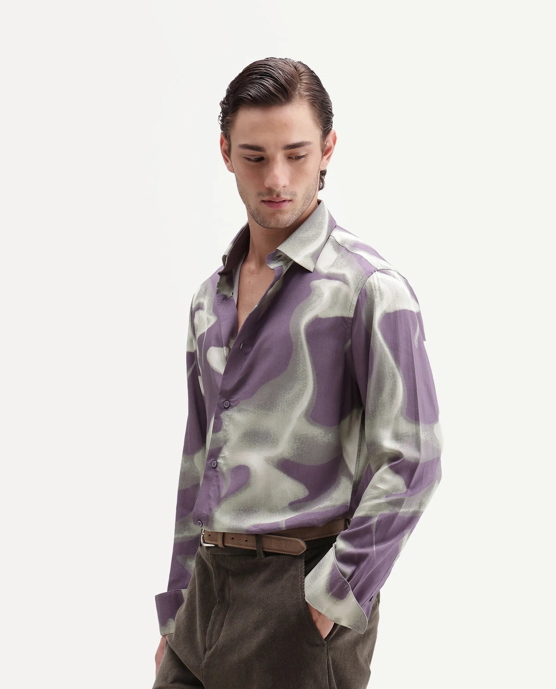 Rare Rabbit Men's Repo Primary Purple Viscose Spread Collar Button Regular Abstract Print Shirt