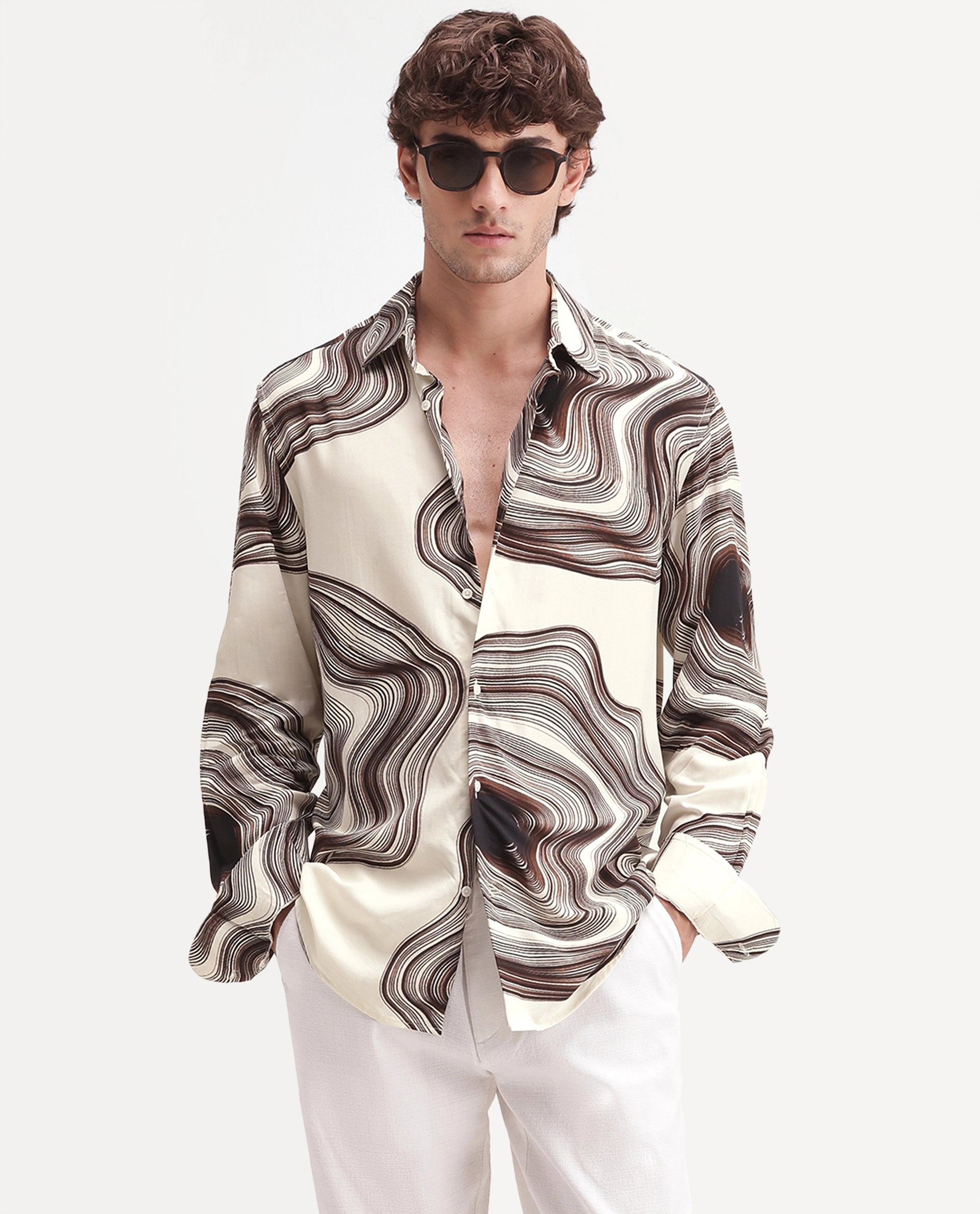 Rare Rabbit Men's Hoko Primary Off White Viscose Spread Collar Button Regular Abstract Print Shirt