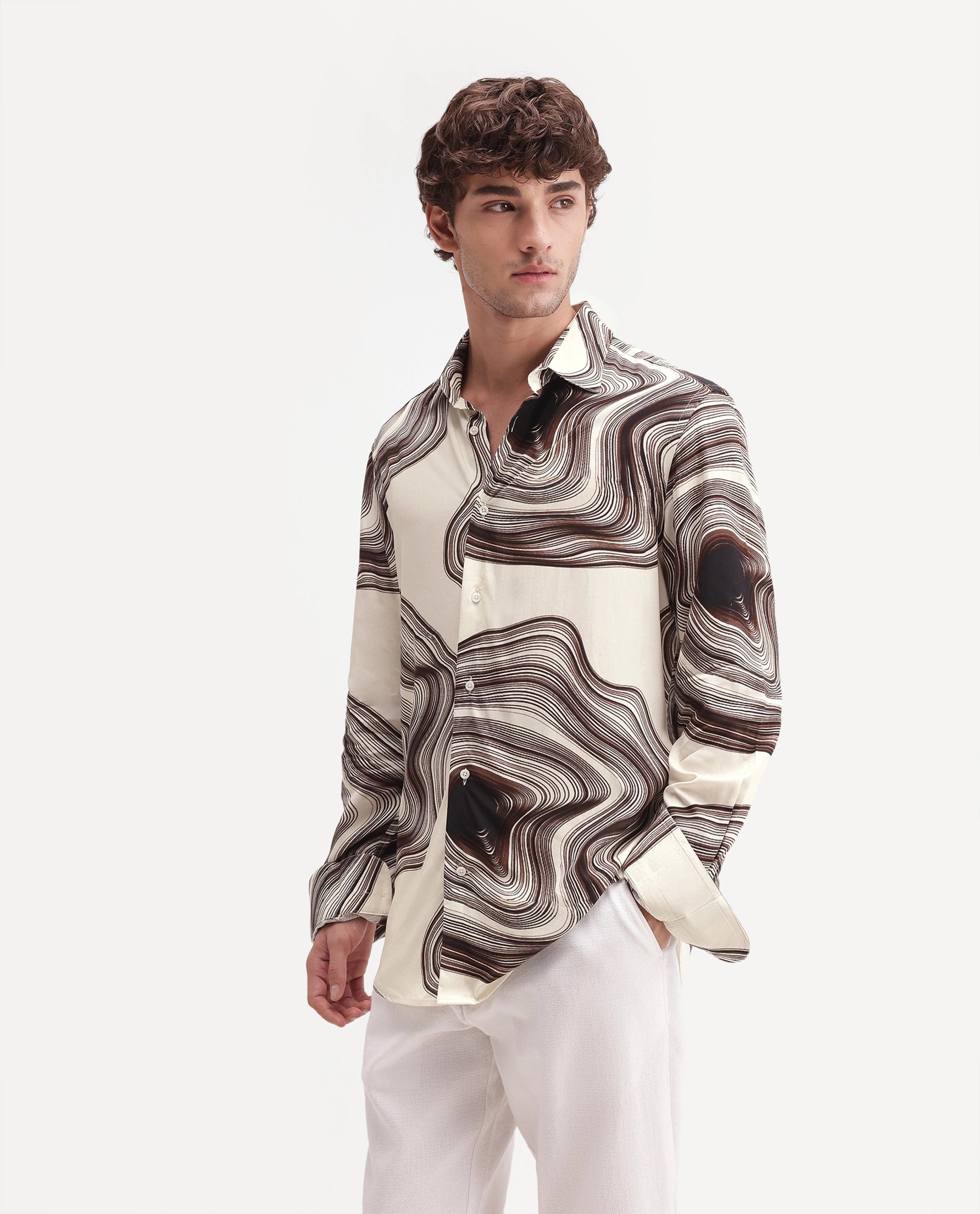 Rare Rabbit Men's Hoko Primary Off White Viscose Spread Collar Button Regular Abstract Print Shirt