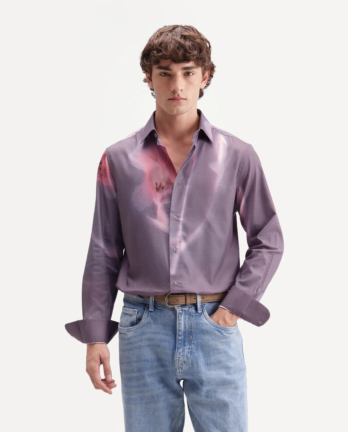 Rare Rabbit Men's Ozan Dusky Purple Cotton Blend Spread Collar Button Regular Floral Print Shirt