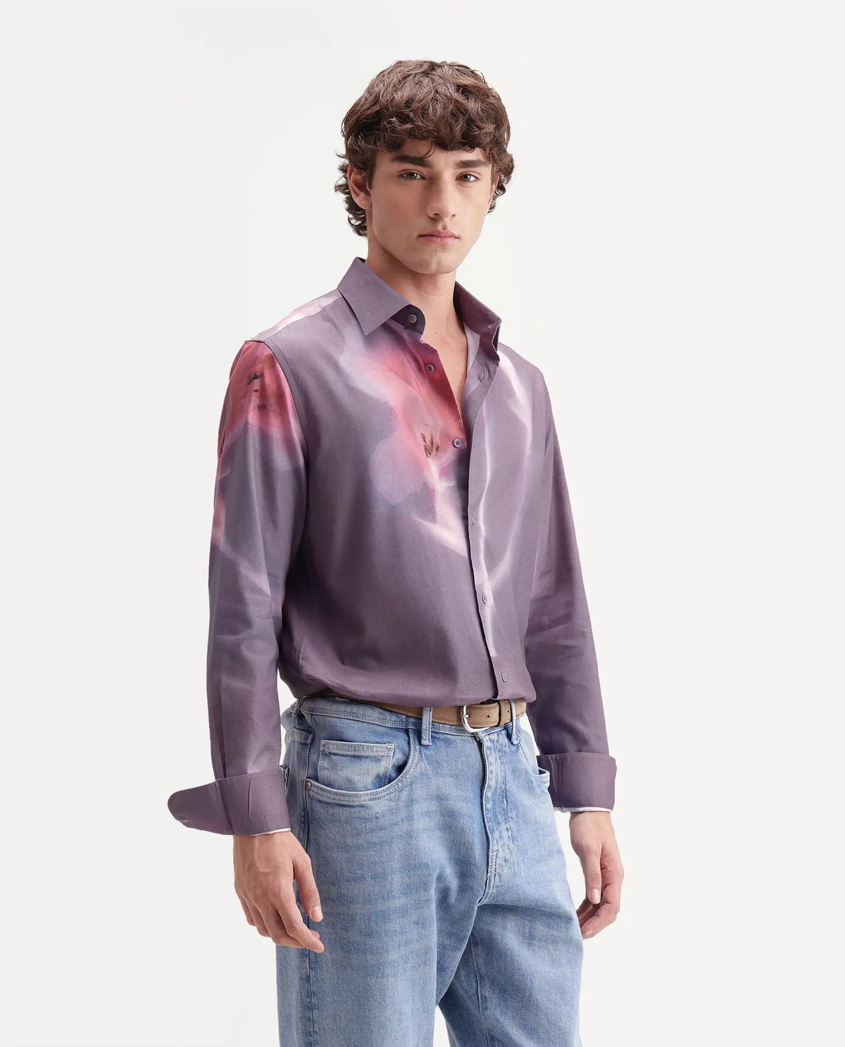 Rare Rabbit Men's Ozan Dusky Purple Cotton Blend Spread Collar Button Regular Floral Print Shirt