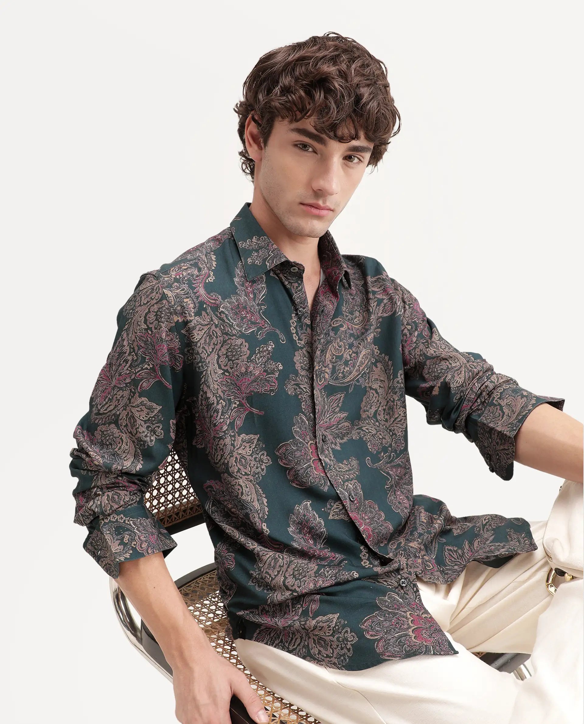 Rare Rabbit Men's Roga Primary Green Viscose Spread Collar Button Regular Paisley Print Shirt