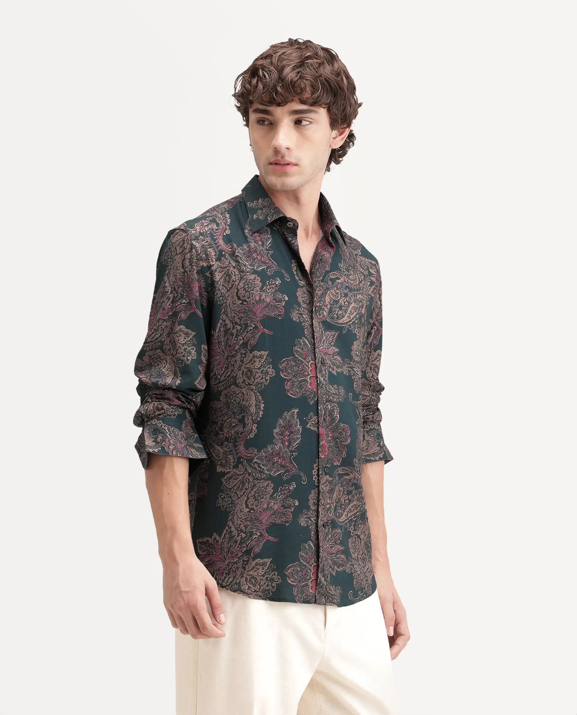 Rare Rabbit Men's Roga Primary Green Viscose Spread Collar Button Regular Paisley Print Shirt