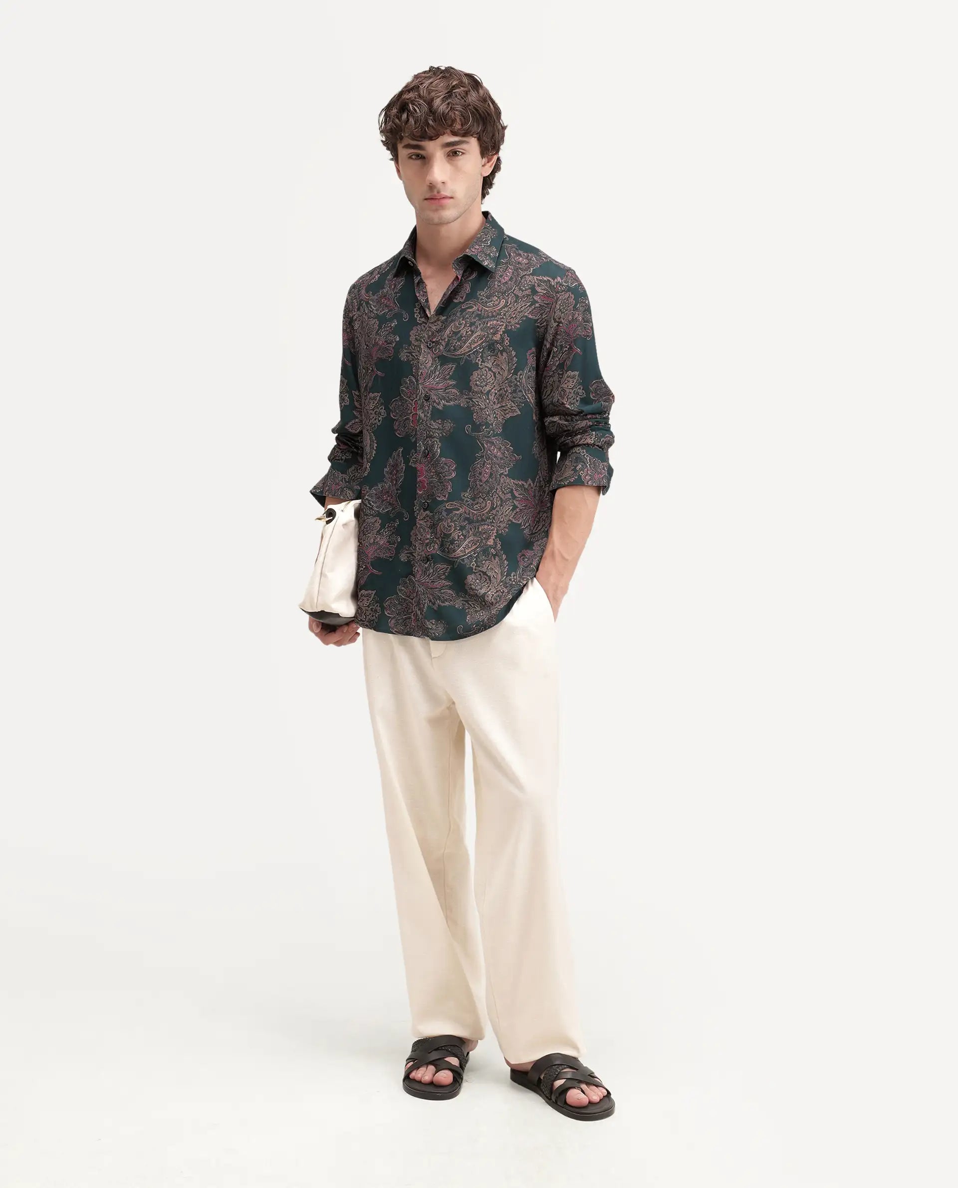 Rare Rabbit Men's Roga Primary Green Viscose Spread Collar Button Regular Paisley Print Shirt