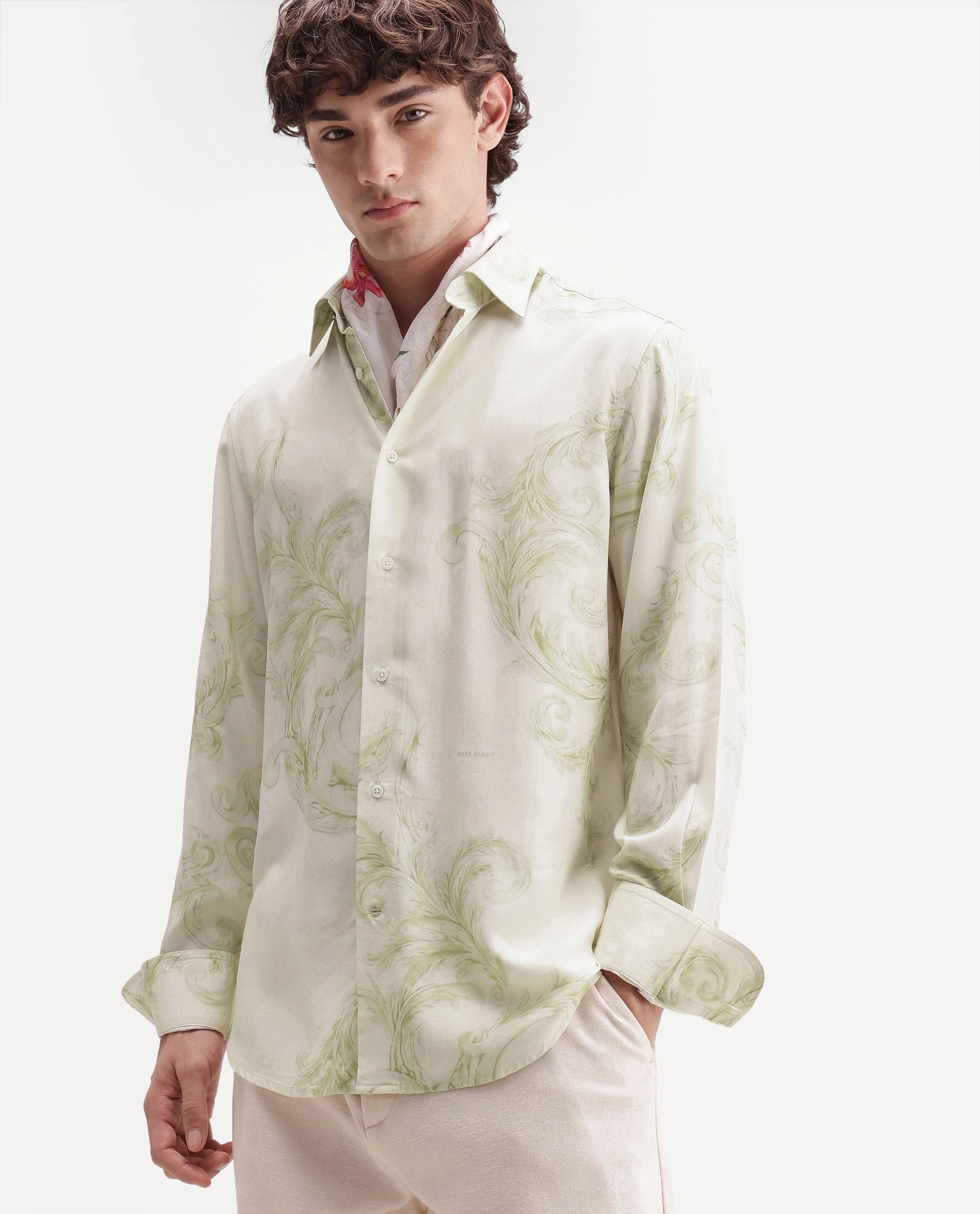 Rare Rabbit Men's Swirl Primary White Viscose Spread Collar Button Regular Paisley Print Shirt