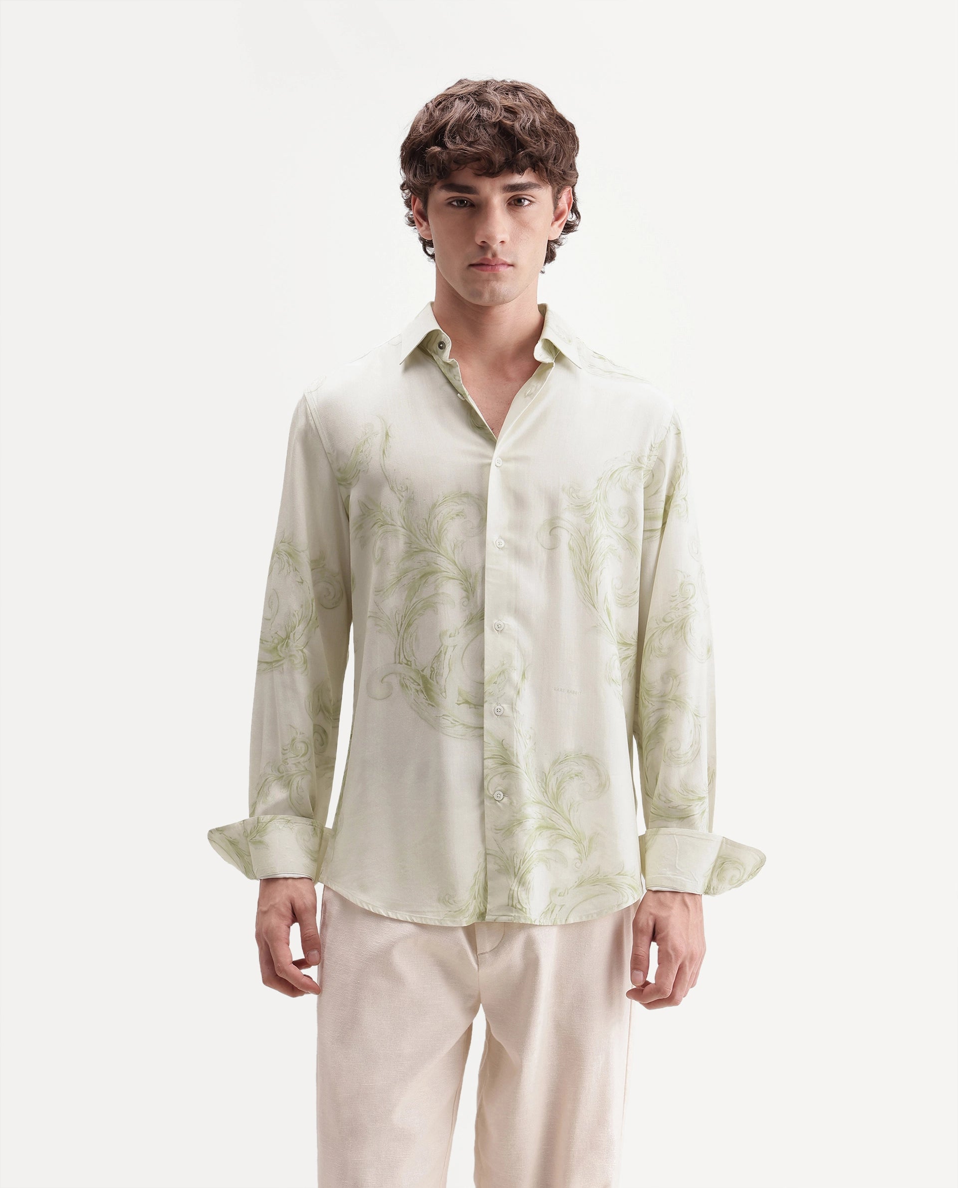Rare Rabbit Men's Swirl Primary White Viscose Spread Collar Button Regular Paisley Print Shirt
