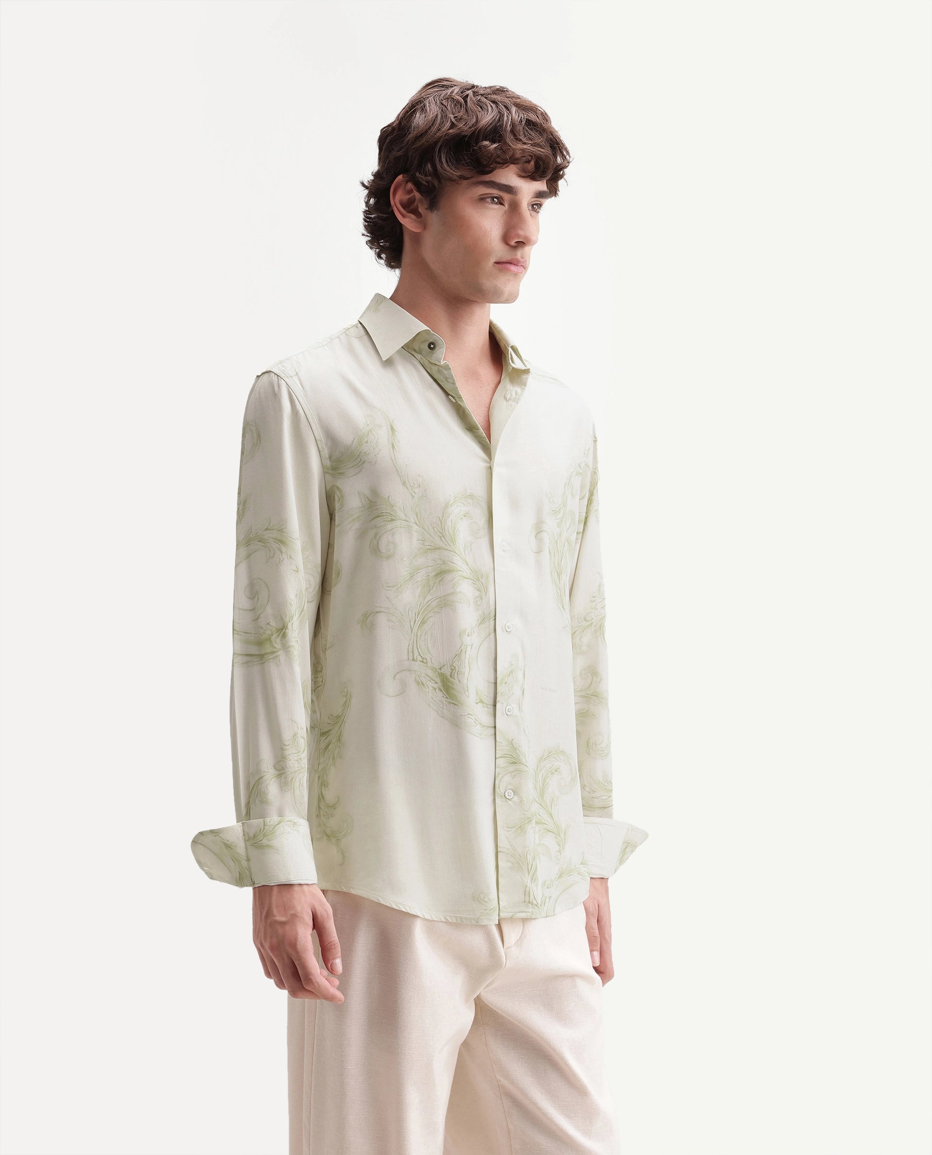 Rare Rabbit Men's Swirl Primary White Viscose Spread Collar Button Regular Paisley Print Shirt