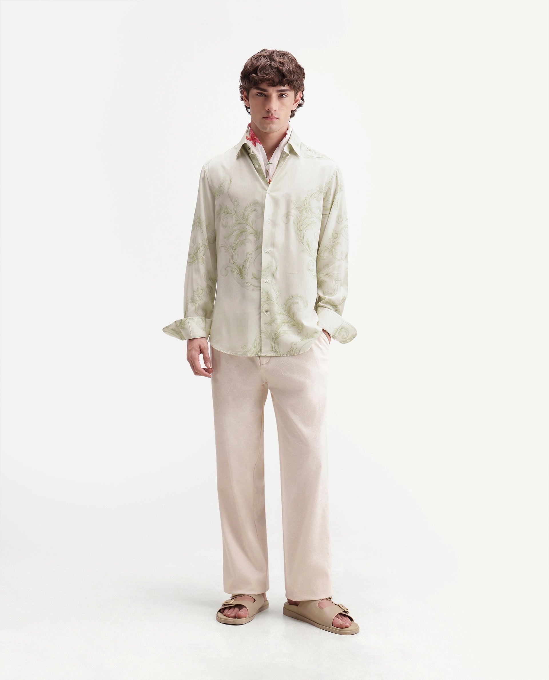Rare Rabbit Men's Swirl Primary White Viscose Spread Collar Button Regular Paisley Print Shirt