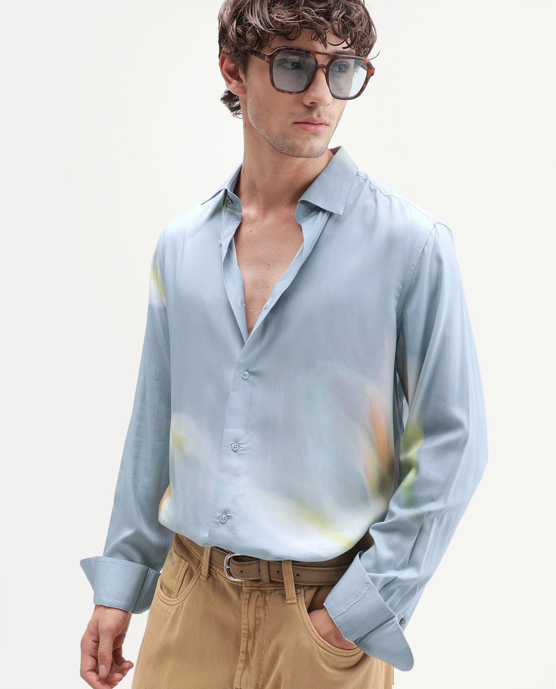 Rare Rabbit Men's Ziro Primary Blue Cotton Spread Collar Button Regular Abstract Print Shirt