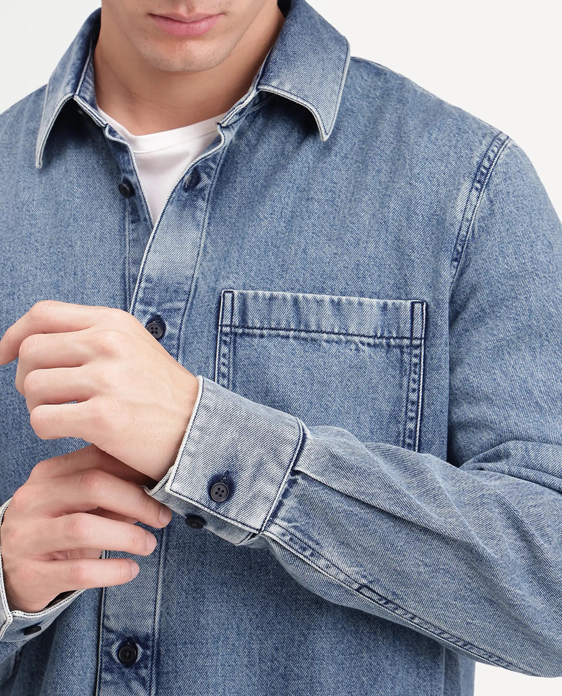 Rare Rabbit Men's Bimt Dark Blue Cotton Blend Spread Collar Button Regular Fit Plain Shirt