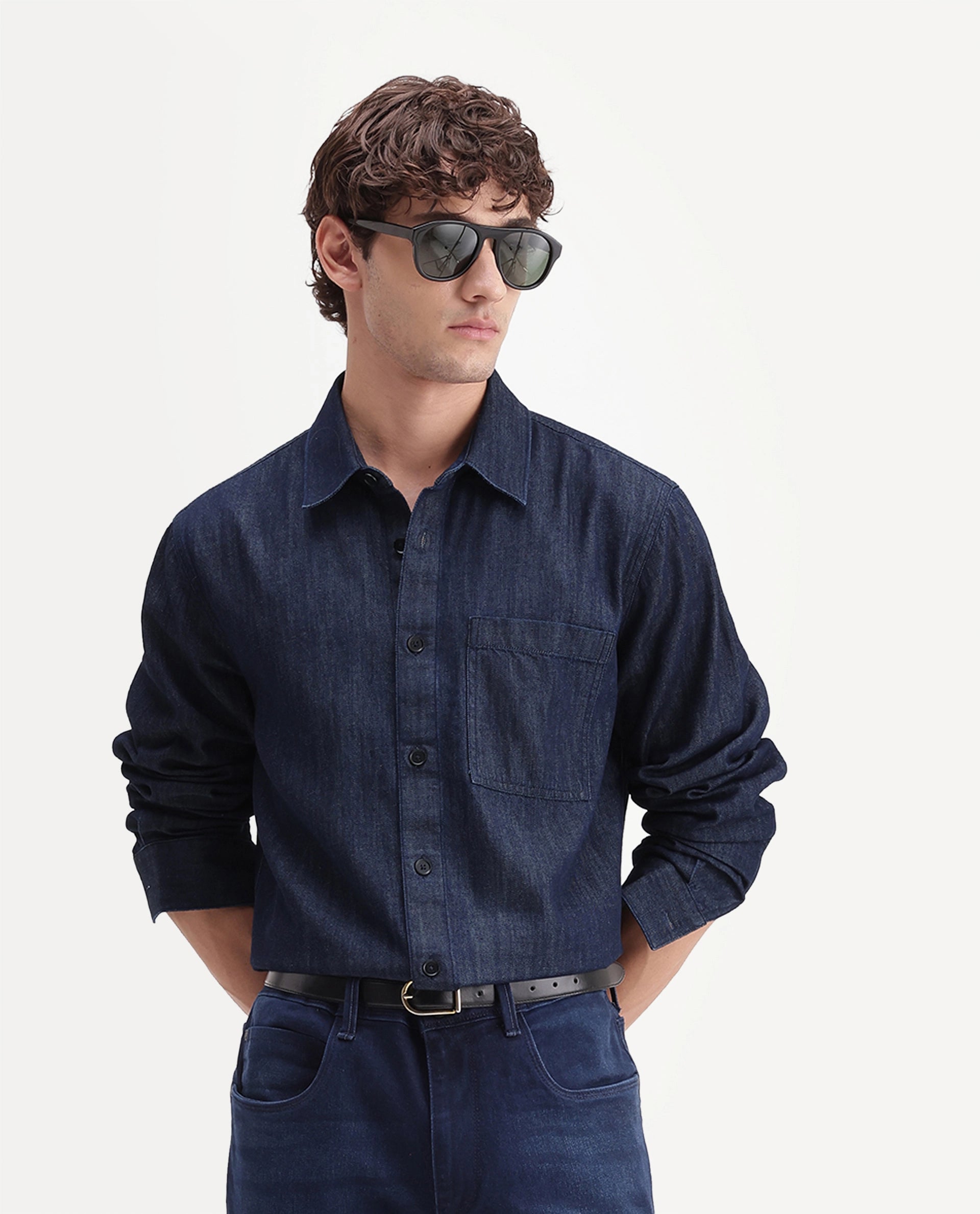 Rare Rabbit Men's Wexy Dark Navy Cotton Blend Spread Collar Button Relaxed Plain Shirt