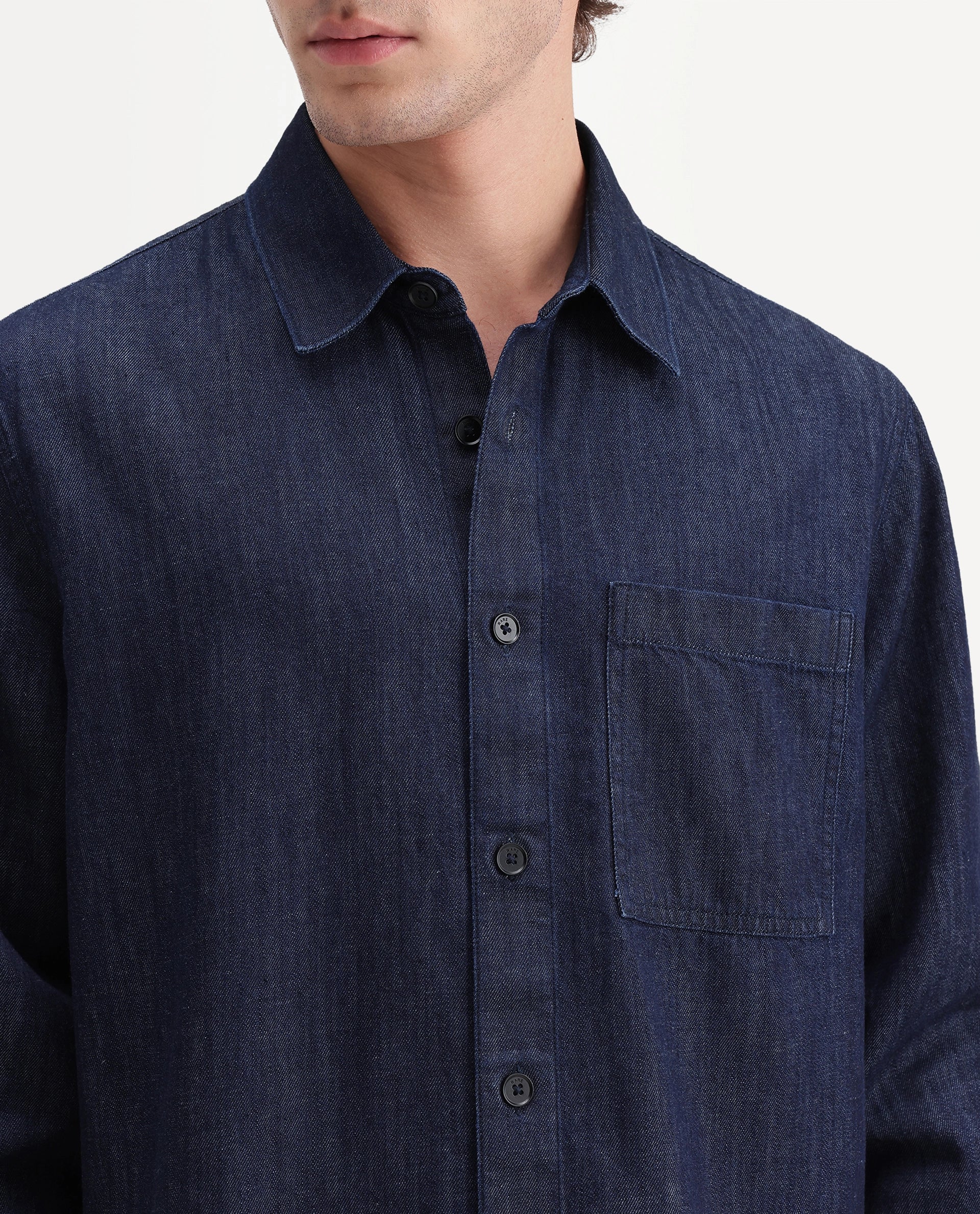 Rare Rabbit Men's Wexy Dark Navy Cotton Blend Spread Collar Button Relaxed Plain Shirt