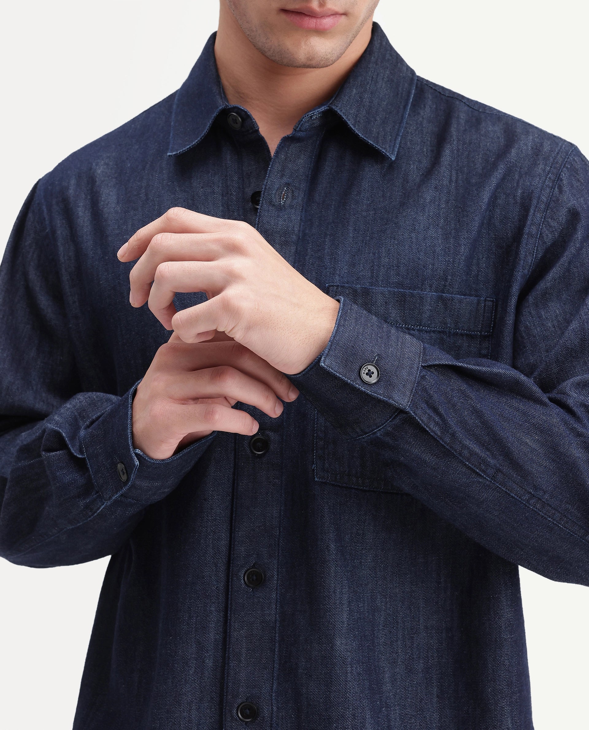 Rare Rabbit Men's Wexy Dark Navy Cotton Blend Spread Collar Button Relaxed Plain Shirt
