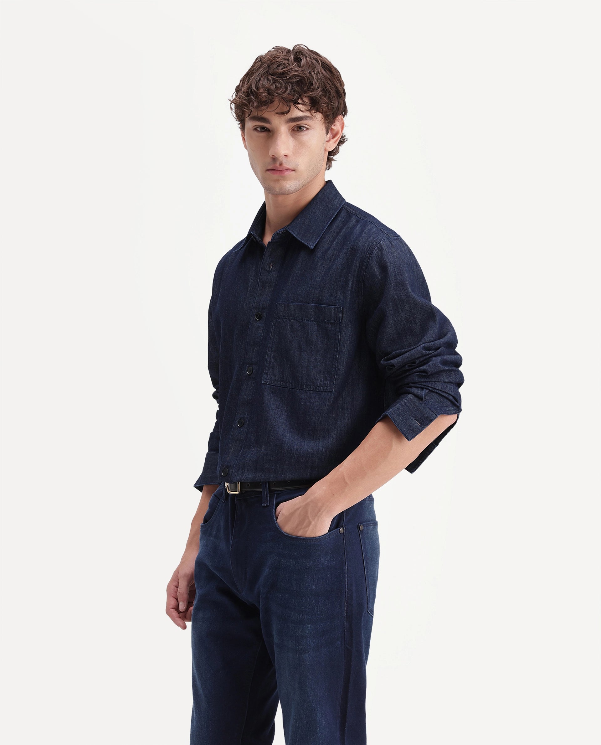 Rare Rabbit Men's Wexy Dark Navy Cotton Blend Spread Collar Button Relaxed Plain Shirt