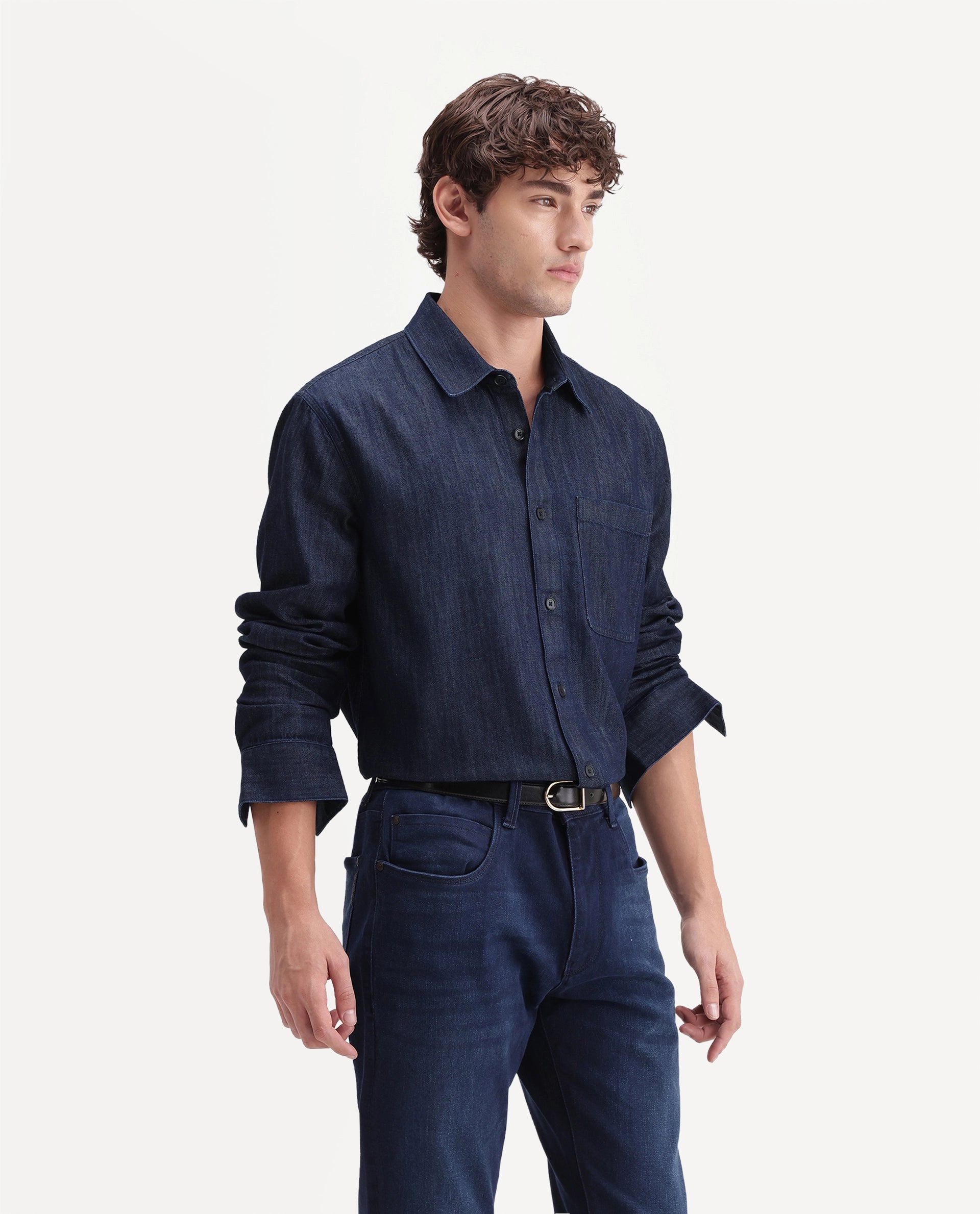 Rare Rabbit Men's Wexy Dark Navy Cotton Blend Spread Collar Button Relaxed Plain Shirt