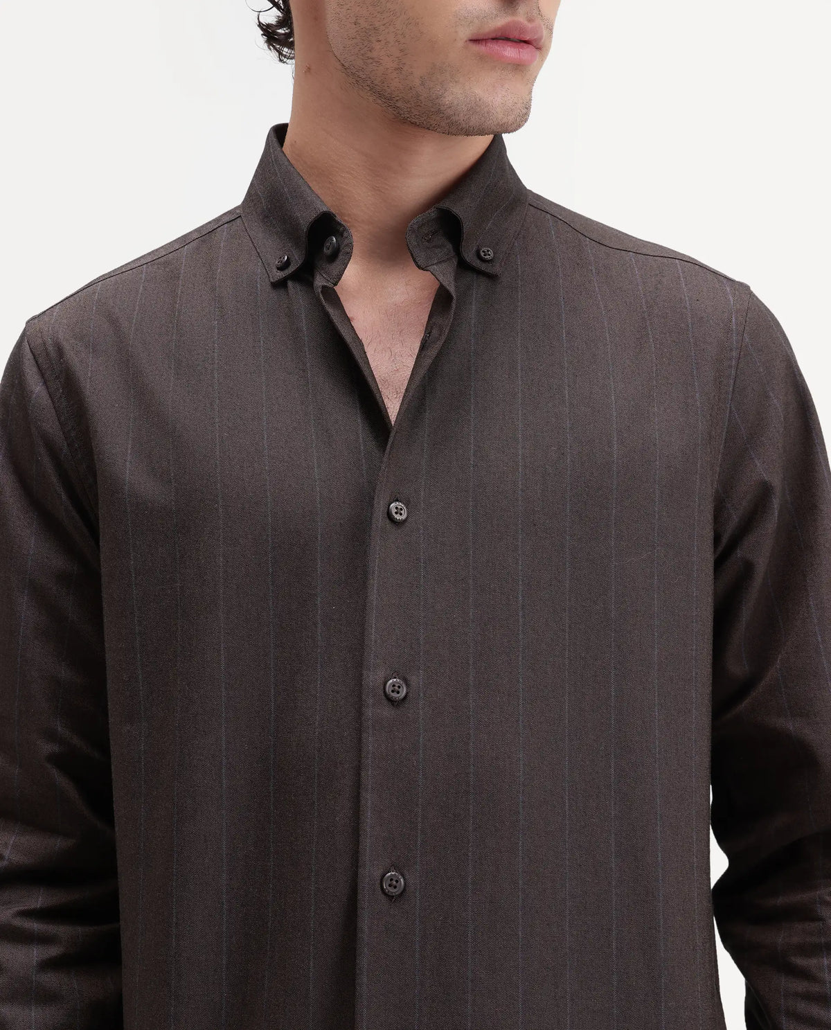 Rare Rabbit Men's Austu Primary Brown Cotton Spread Collar Button Regular Striped Shirt