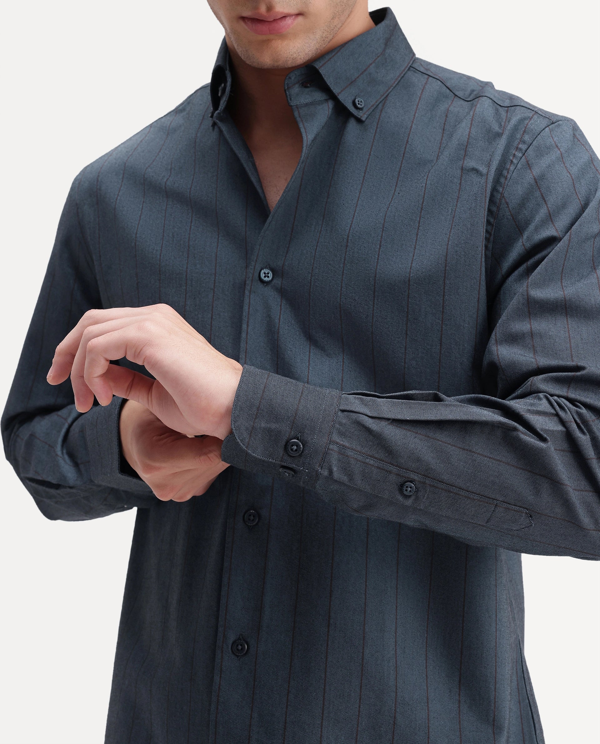 Rare Rabbit Men's Austu Primary Blue Cotton Spread Collar Button Regular Striped Shirt