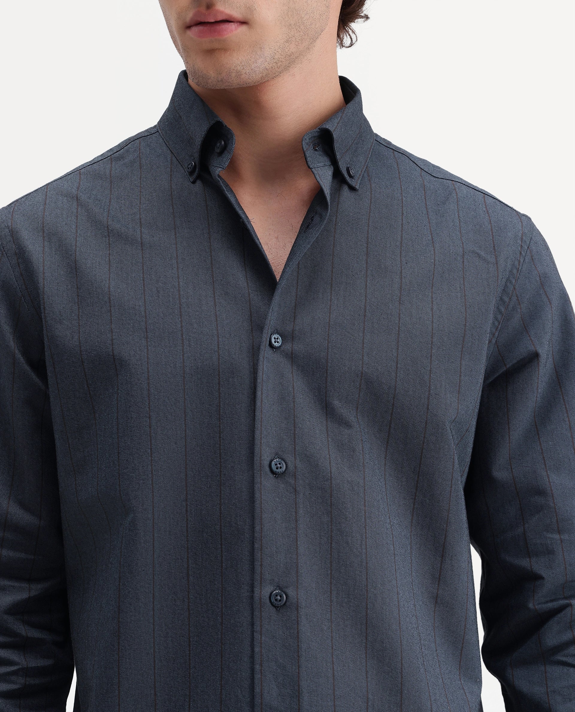 Rare Rabbit Men's Austu Primary Blue Cotton Spread Collar Button Regular Striped Shirt